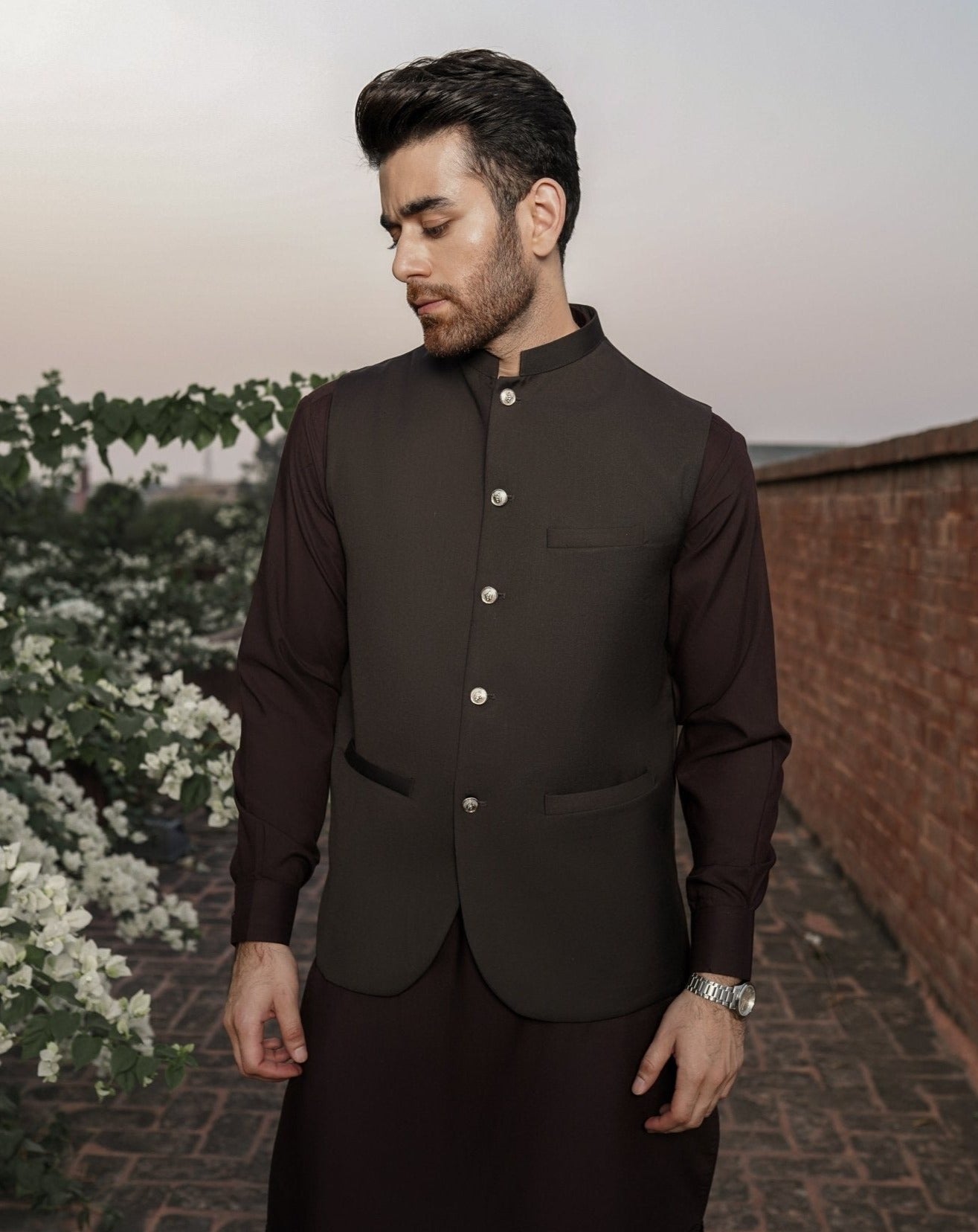 Dark Brown Suiting Waistcoat - Round Cut - Men