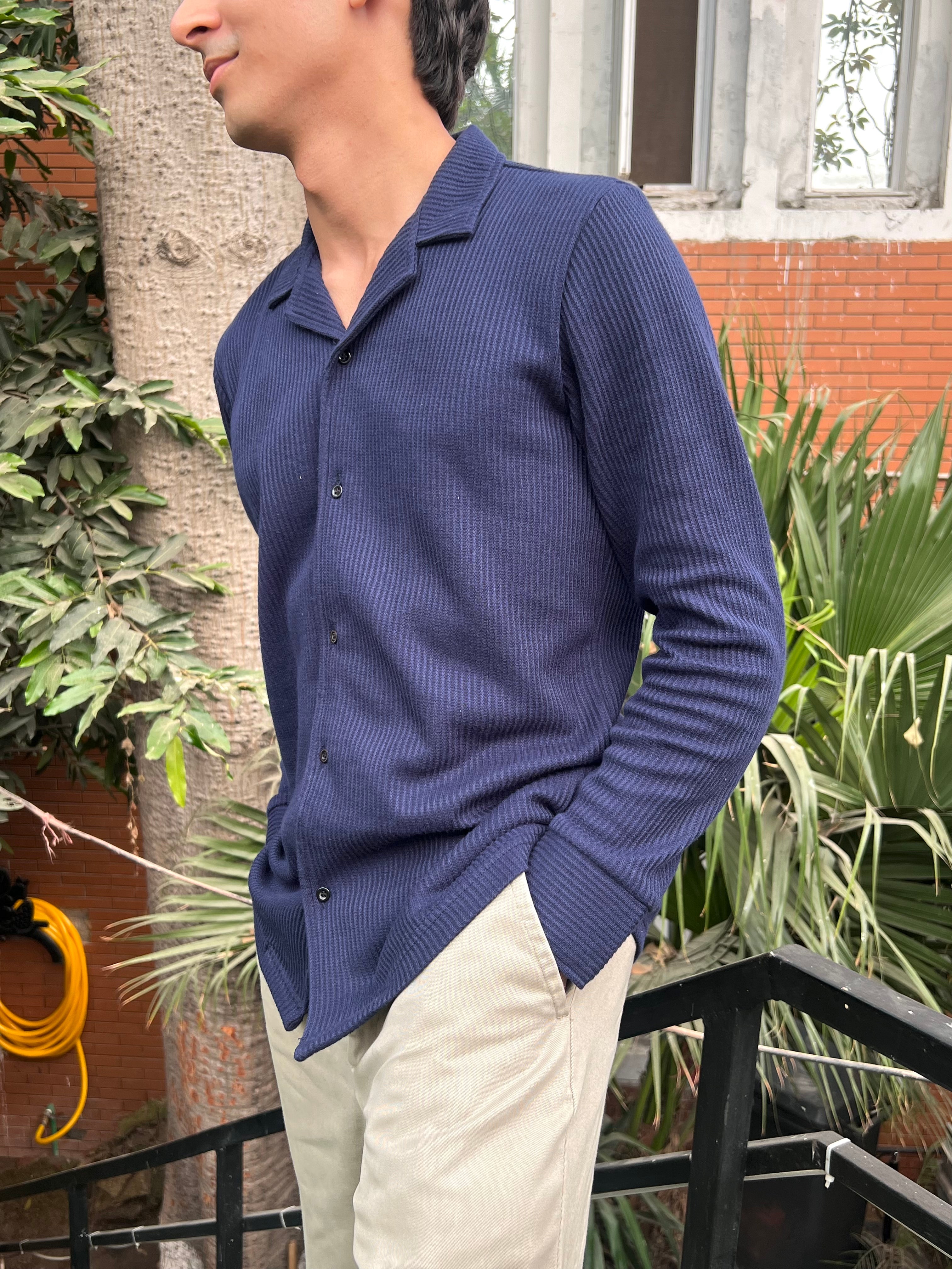 Navy Blue Drop Needle Revere Button Down - Full Sleeves