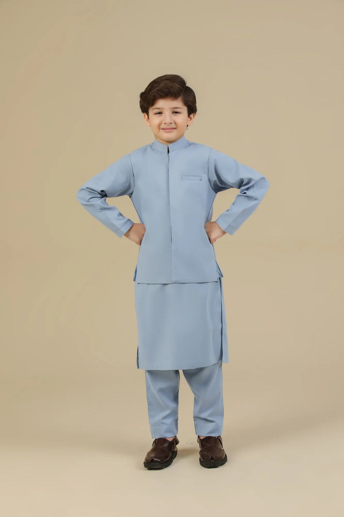 Sapphire Blue Kurta Trouser with Blended Waistcoat - Kids - Muraqsh -- Kidswear