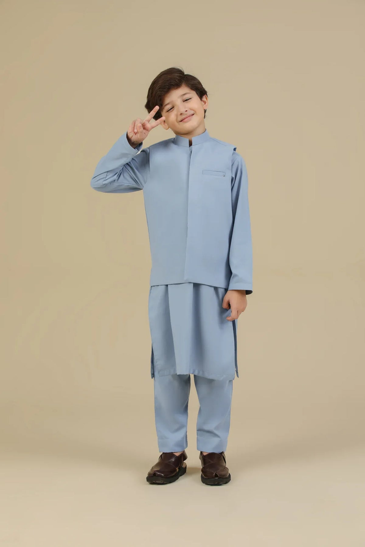 Sapphire Blue Kurta Trouser with Blended Waistcoat - Kids - Muraqsh -- Kidswear