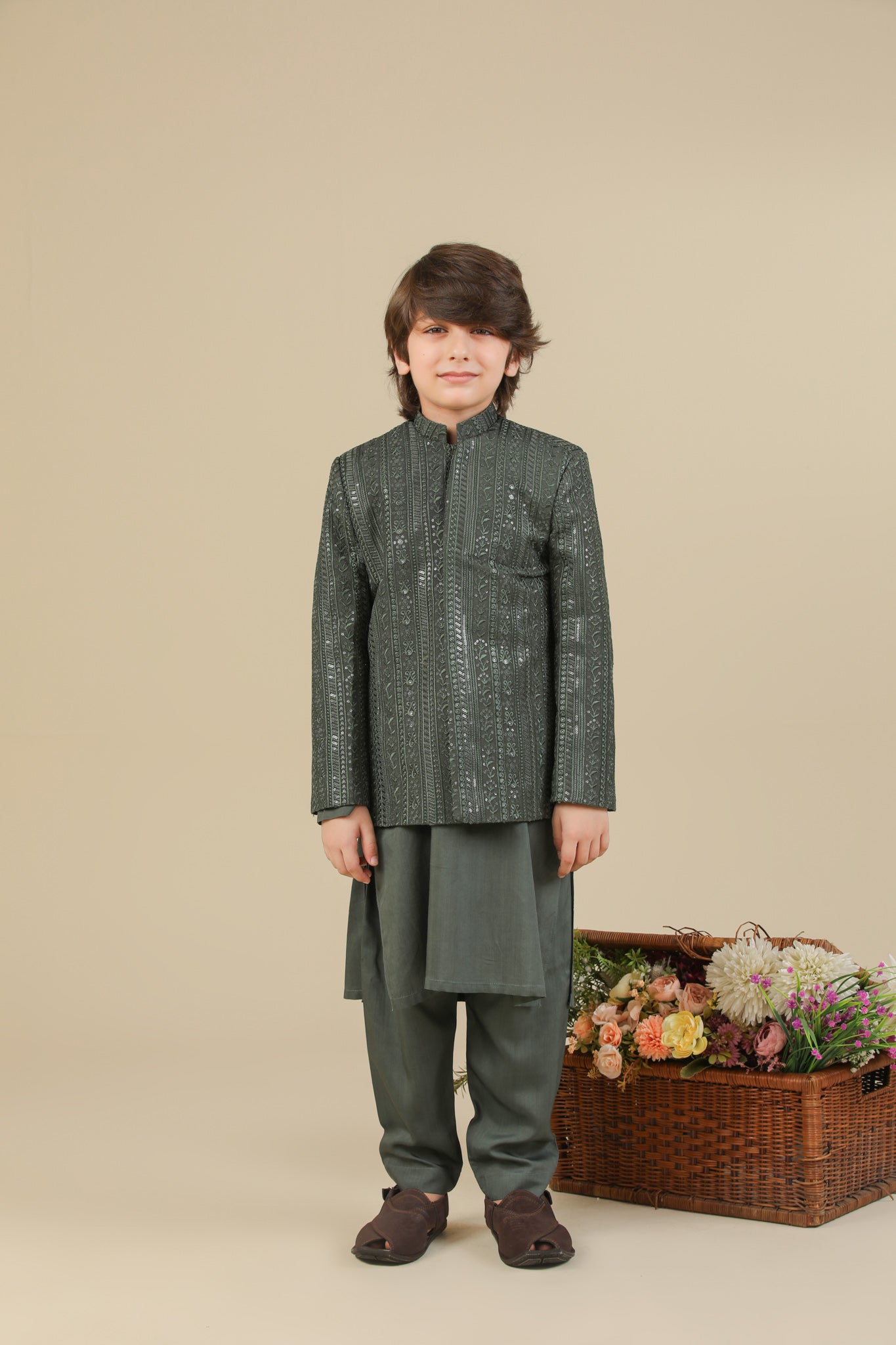 Olive Green Falling Embroidered Prince Coat - Kids - Men
