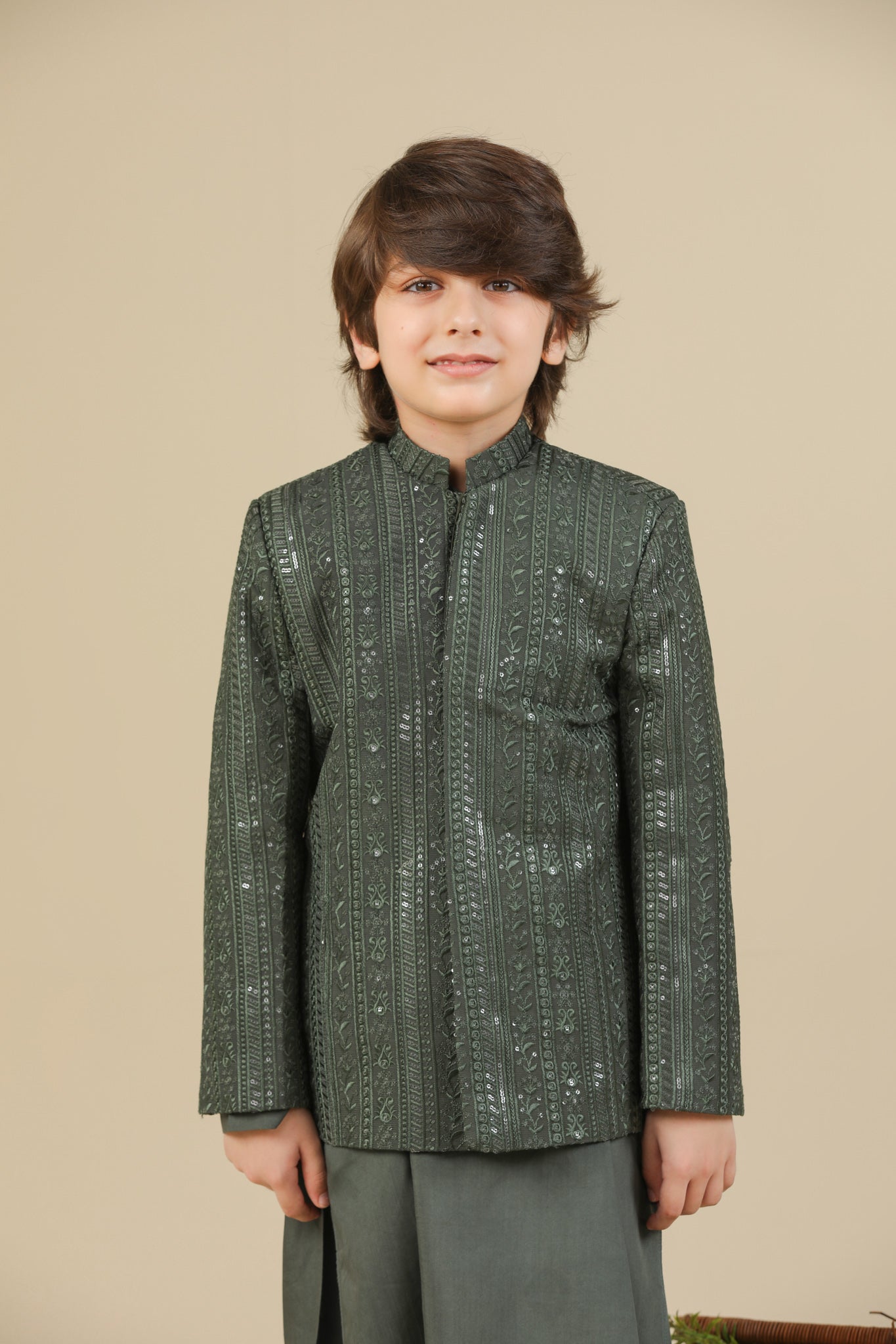 Olive Green Falling Embroidered Prince Coat - Kids - Men