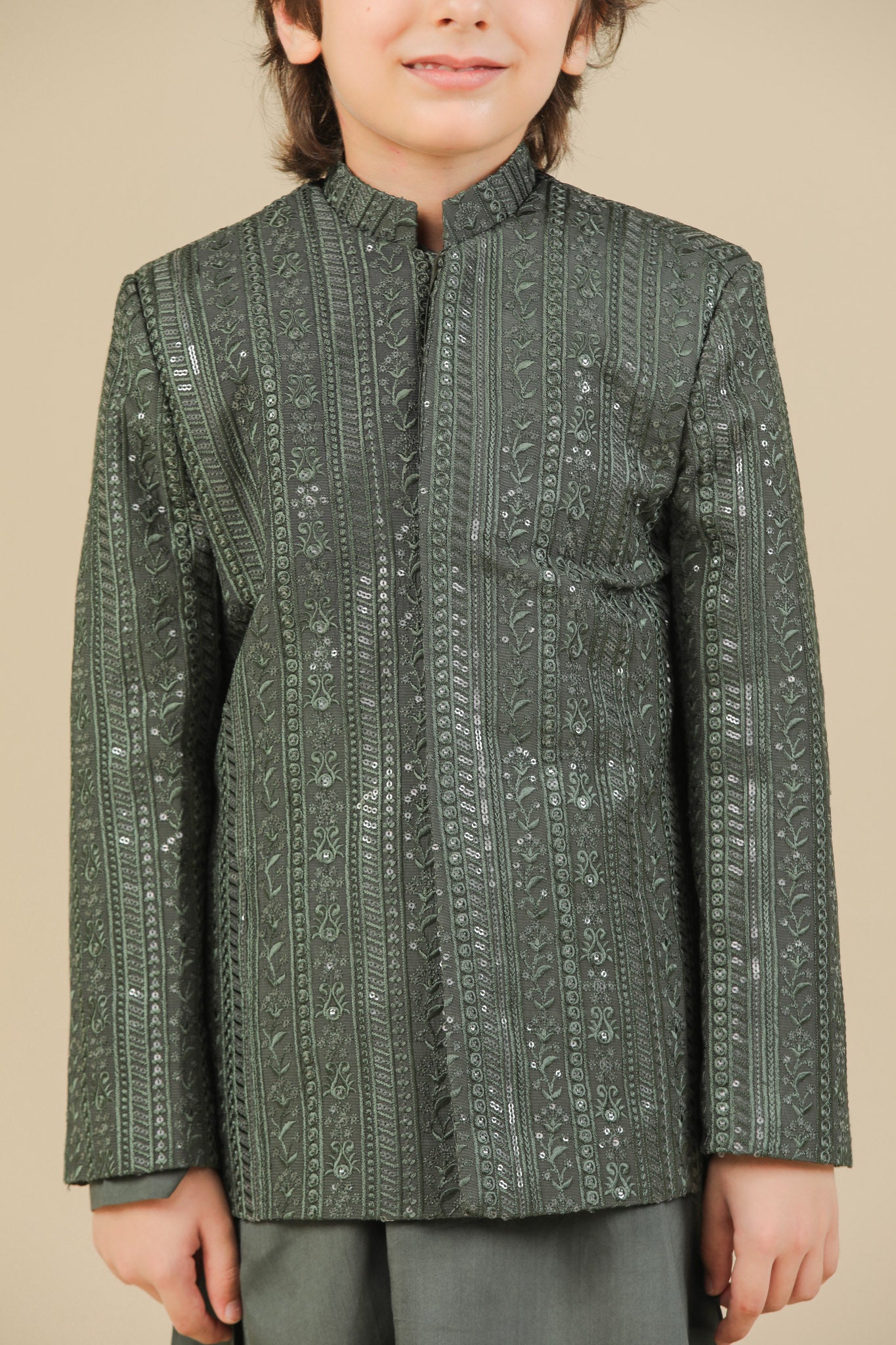 Olive Green Falling Embroidered Prince Coat - Kids - Men