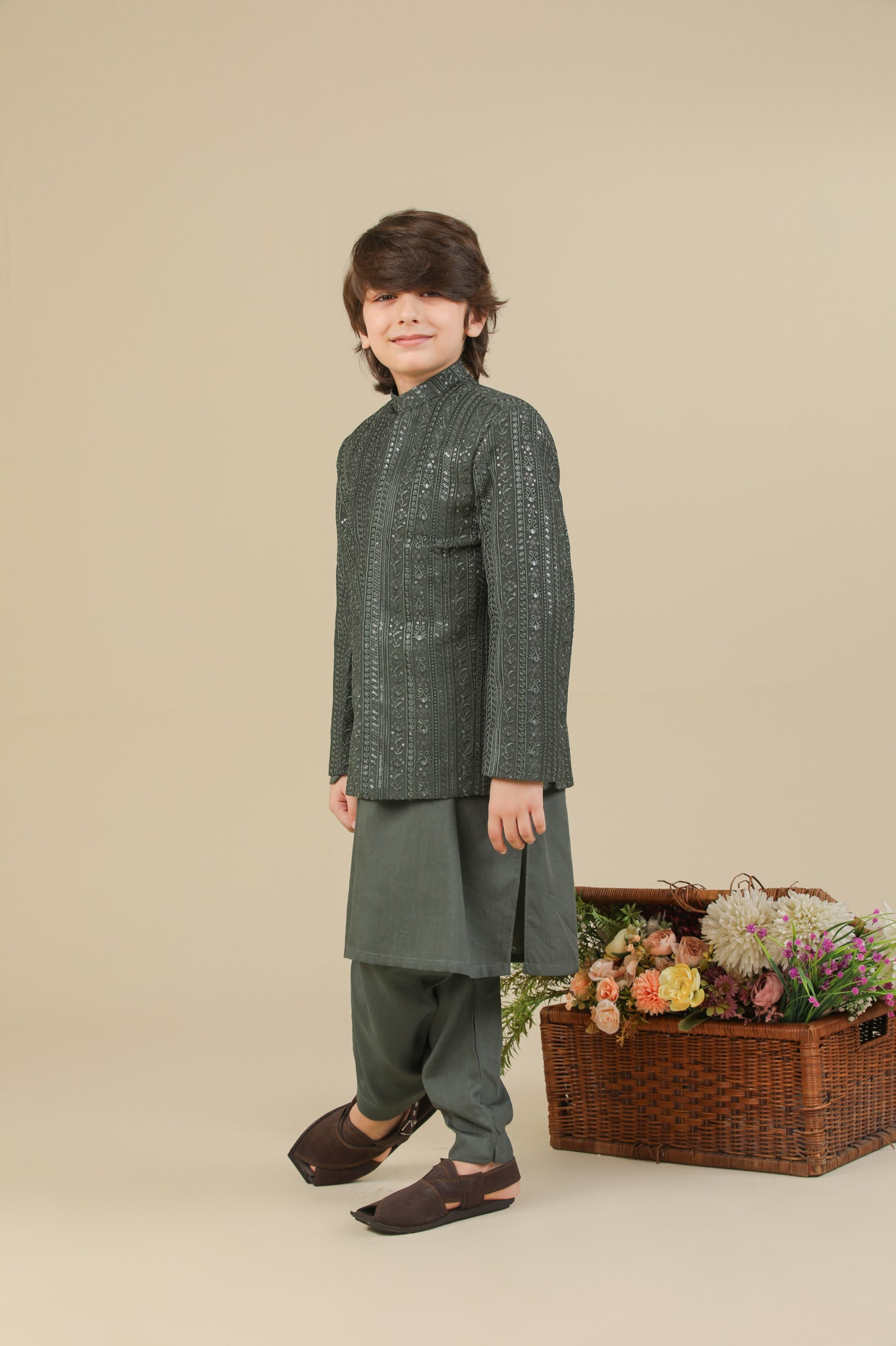 Olive Green Falling Embroidered Prince Coat - Kids - Men