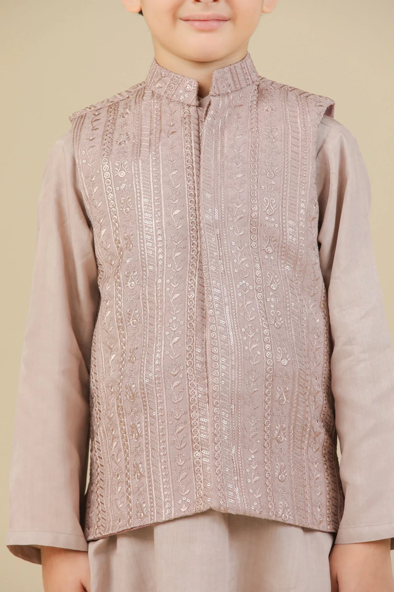 Pink Kurta Trouser with Falling Embroidered Waistcoat - 3PC - Kids - Muraqsh -- Kidswear