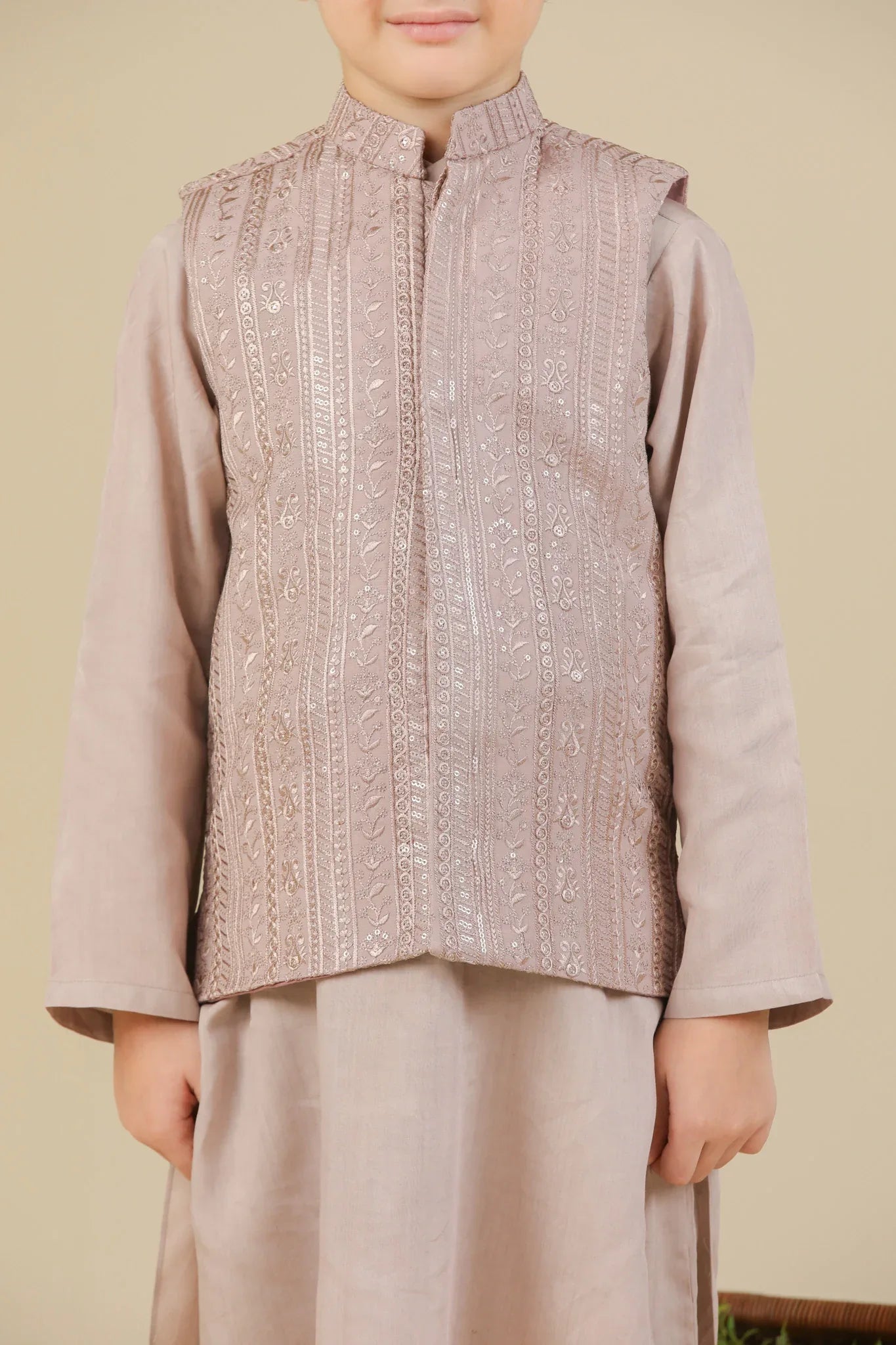 Pink Kurta Trouser with Falling Embroidered Waistcoat - 3PC - Kids - Muraqsh -- Kidswear