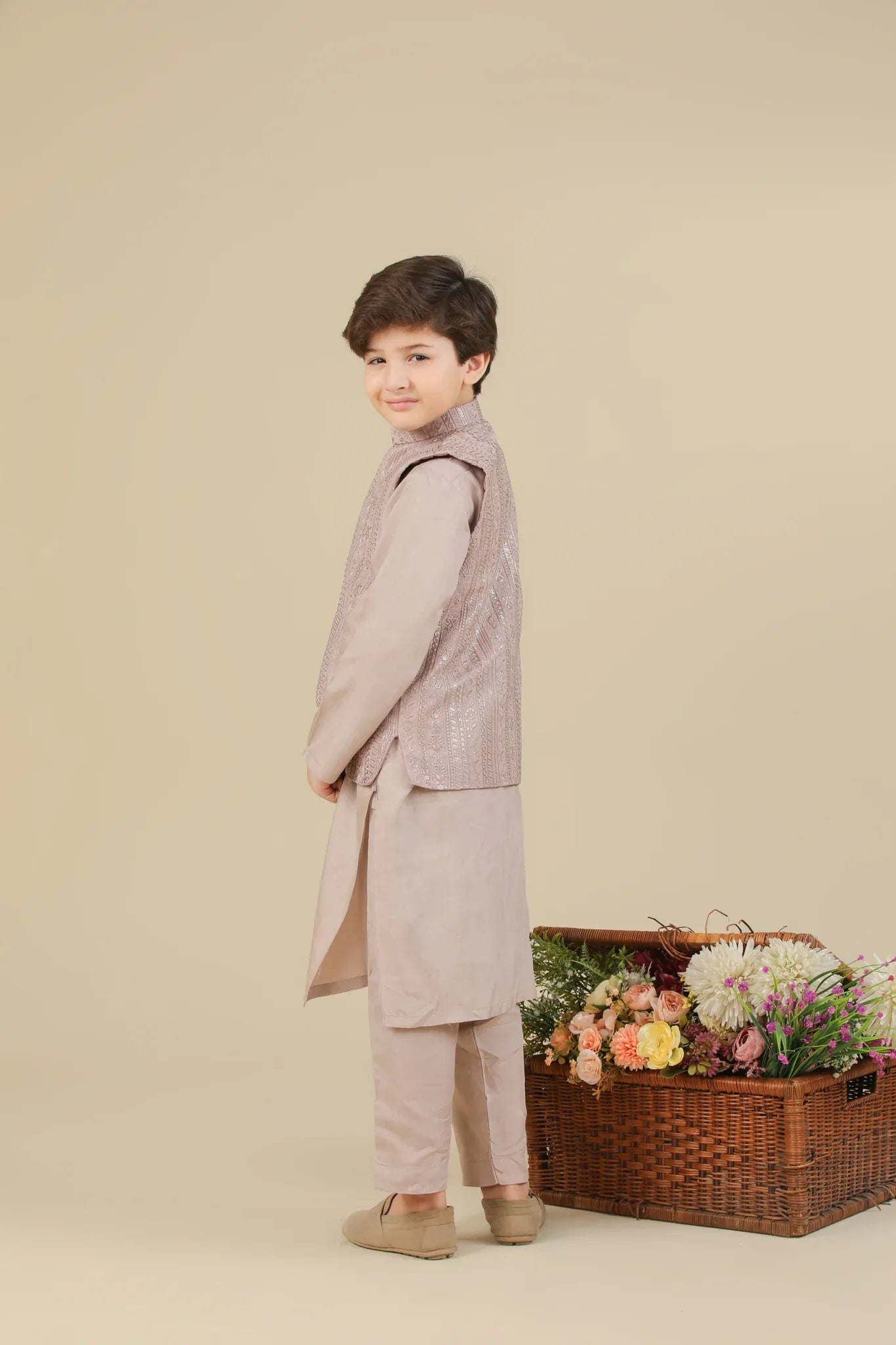 Pink Kurta Trouser with Falling Embroidered Waistcoat - 3PC - Kids - Muraqsh -- Kidswear