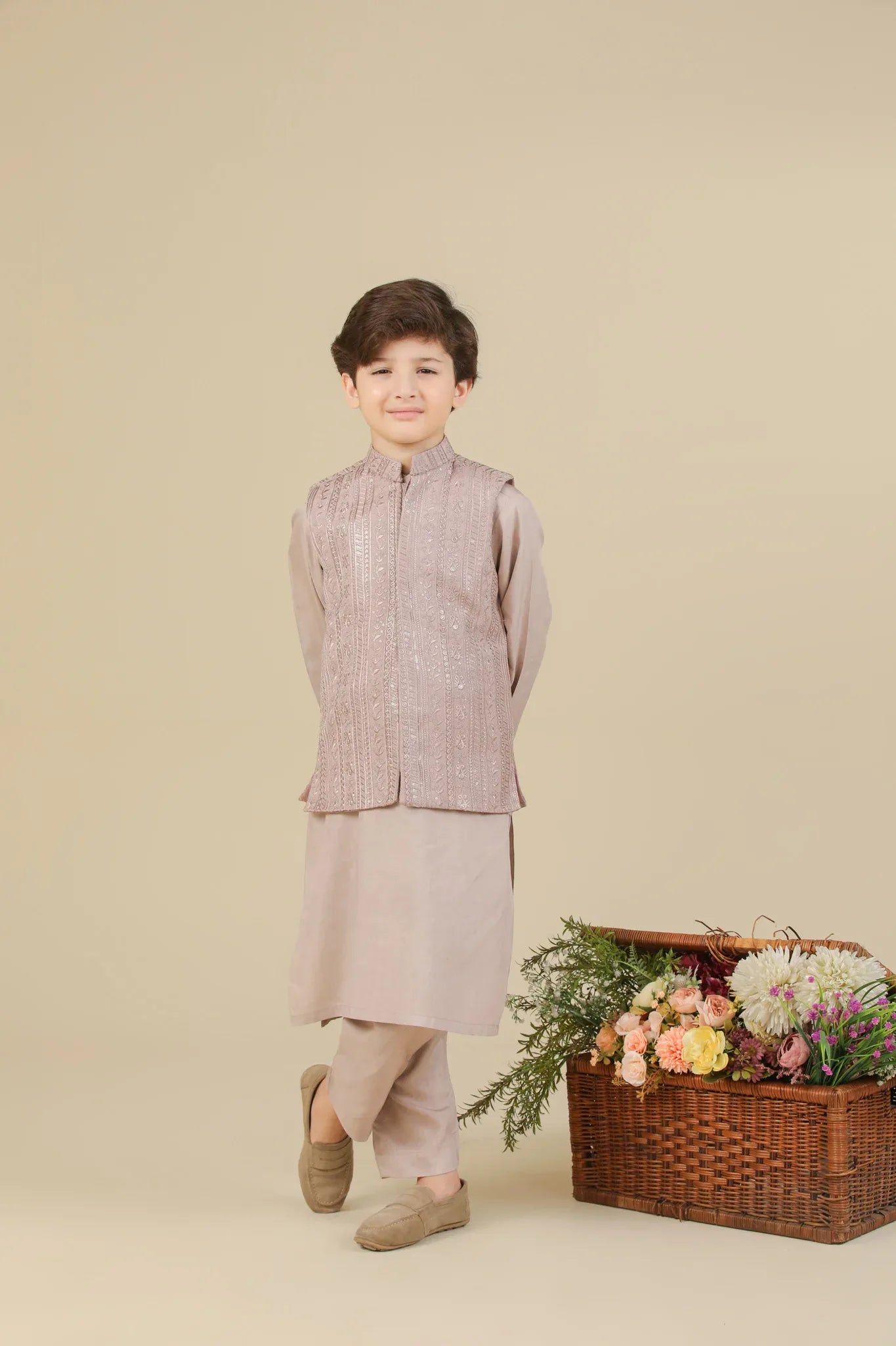 Pink Kurta Trouser with Falling Embroidered Waistcoat - 3PC - Kids - Muraqsh -- Kidswear