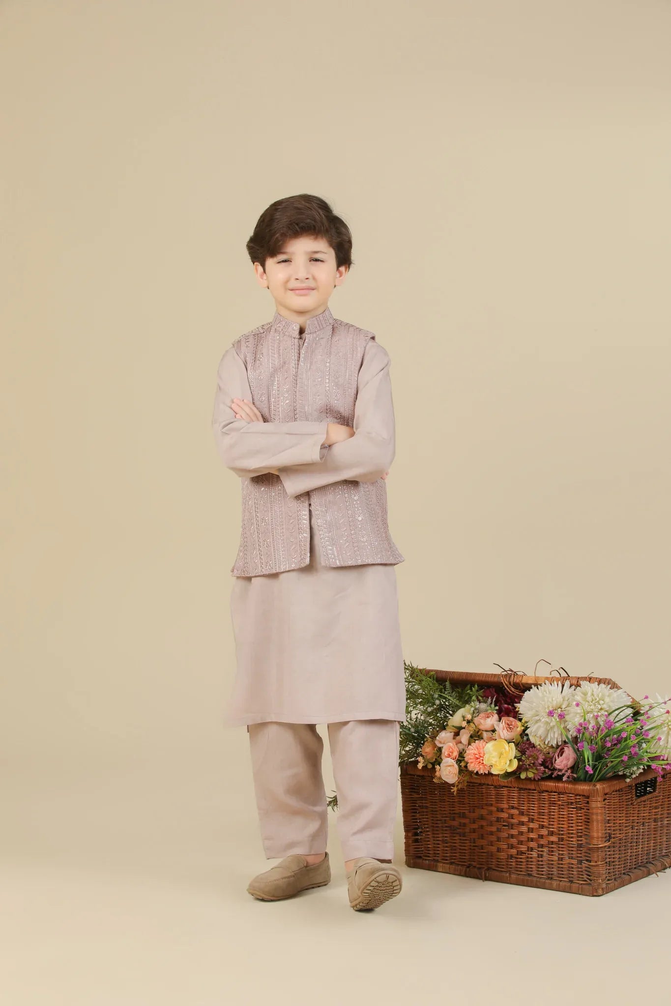 Pink Kurta Trouser with Falling Embroidered Waistcoat - 3PC - Kids - Muraqsh -- Kidswear