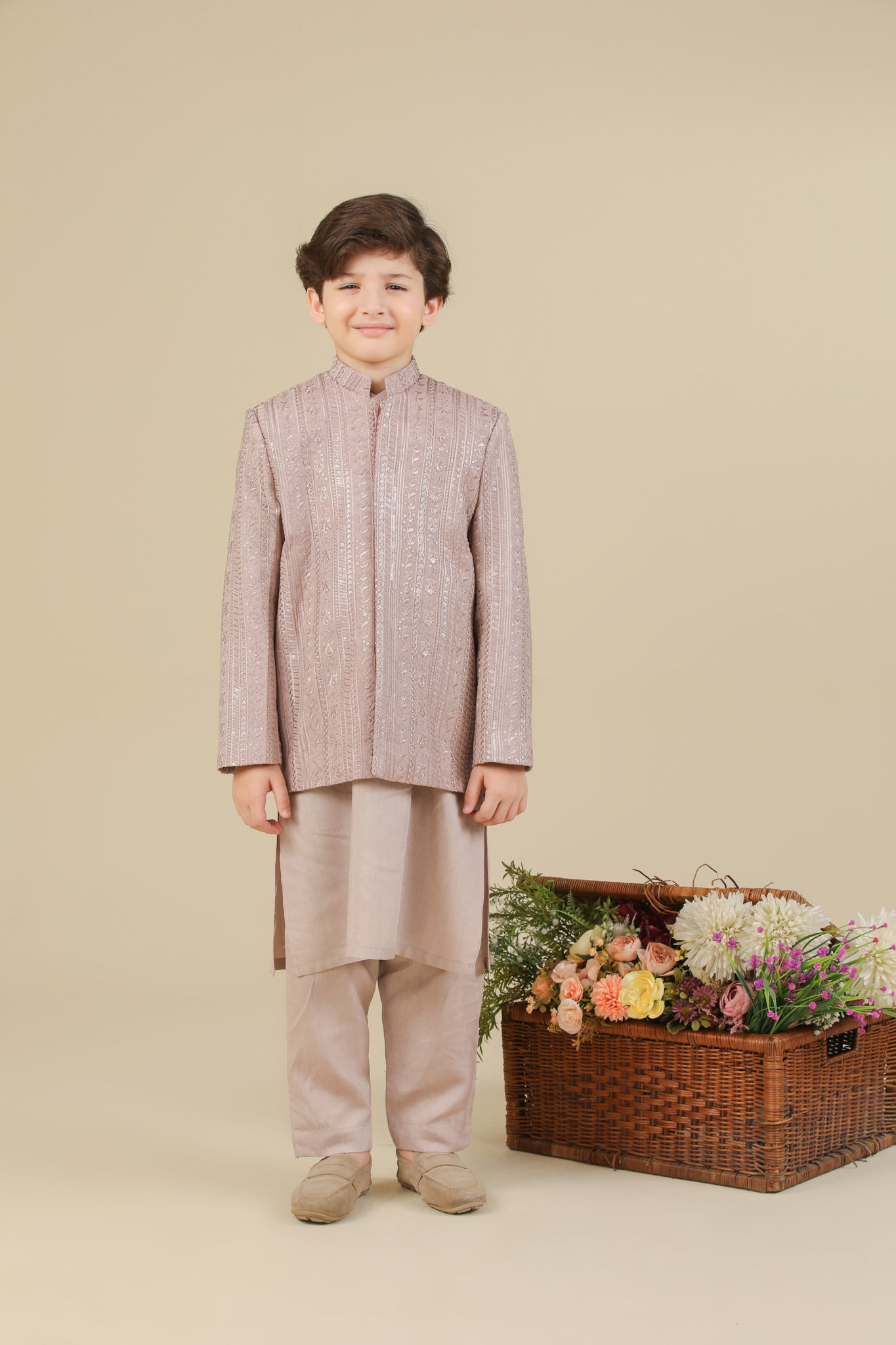 Pink Kurta Trouser with Falling Embroidered Prince Coat - 3PC - Kids - Men