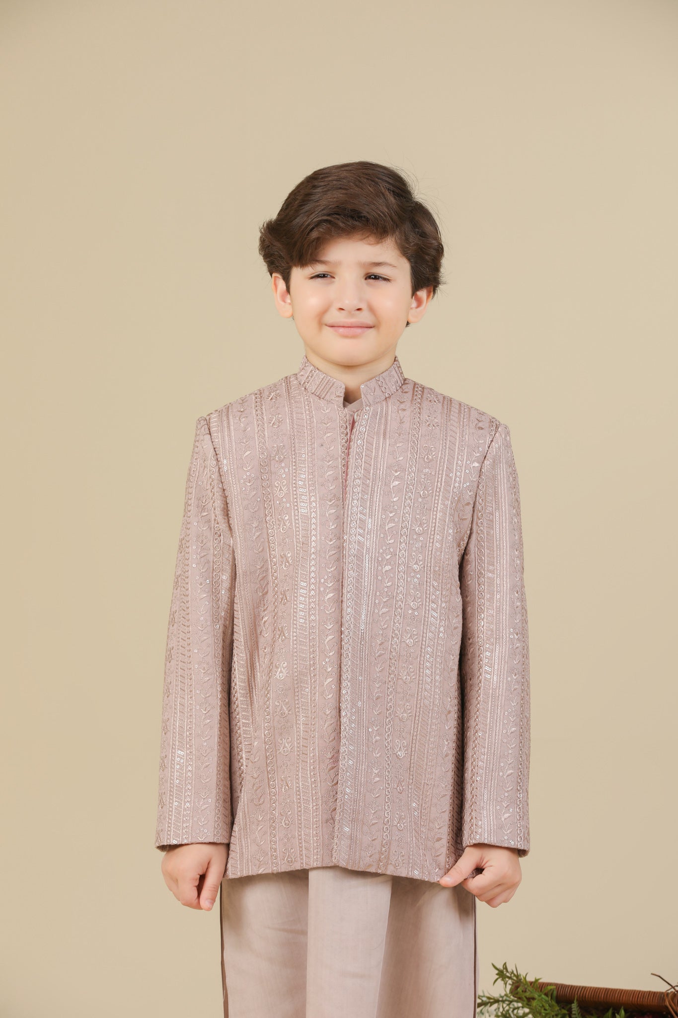 Pink Kurta Trouser with Falling Embroidered Prince Coat - 3PC - Kids - Men