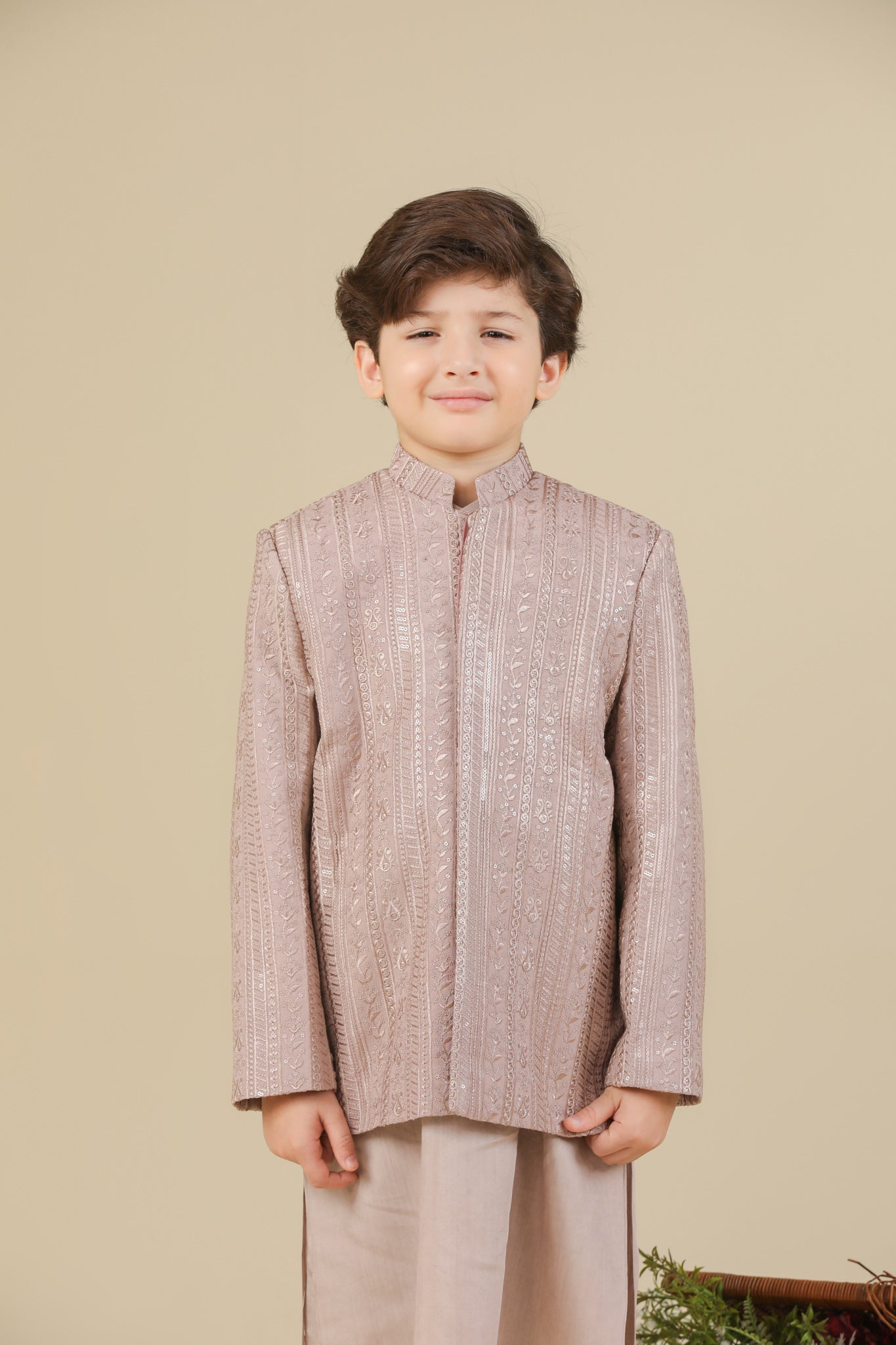 Pink Kurta Trouser with Falling Embroidered Prince Coat - 3PC - Kids - Men