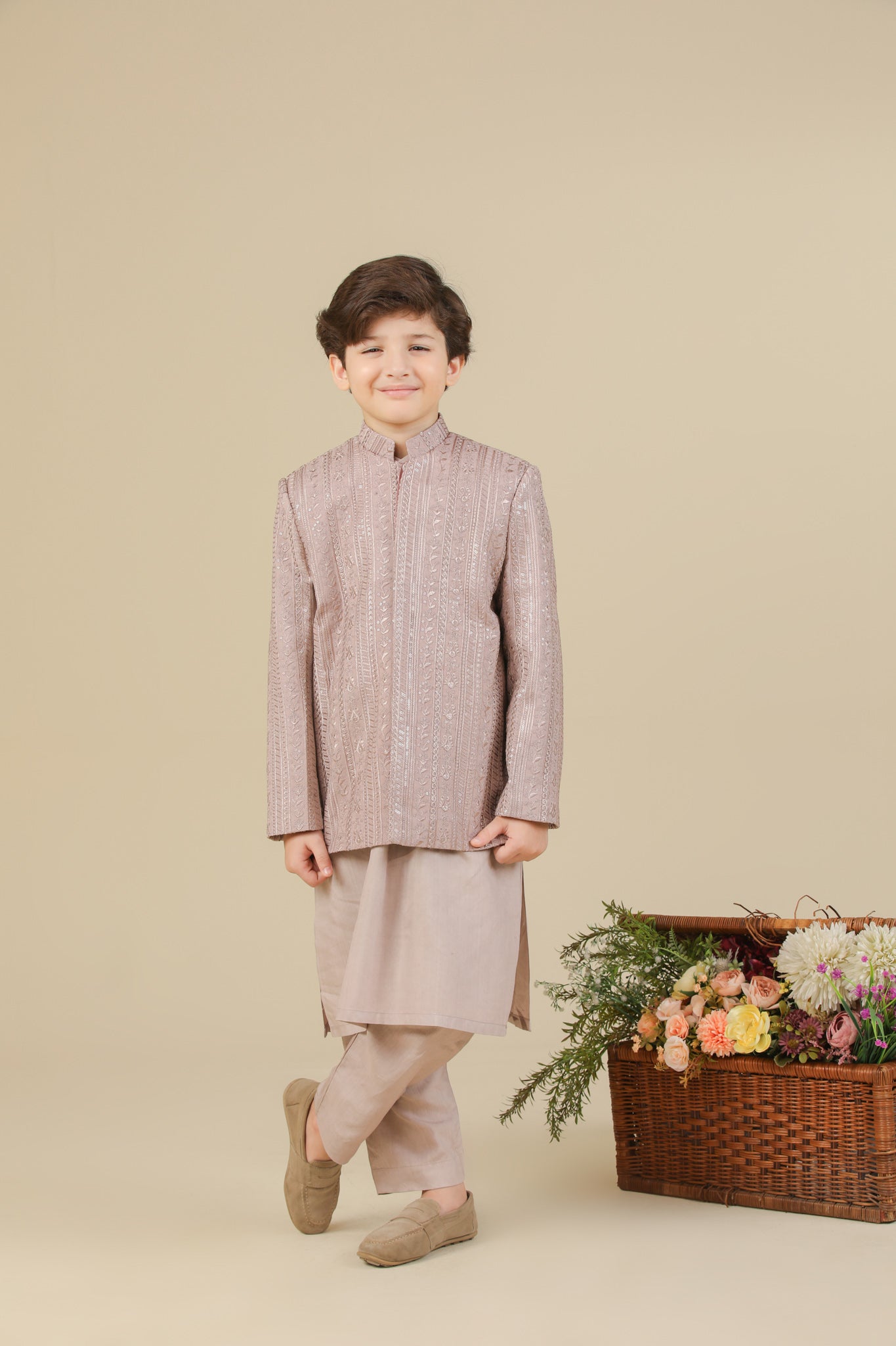 Pink Kurta Trouser with Falling Embroidered Prince Coat - 3PC - Kids - Men