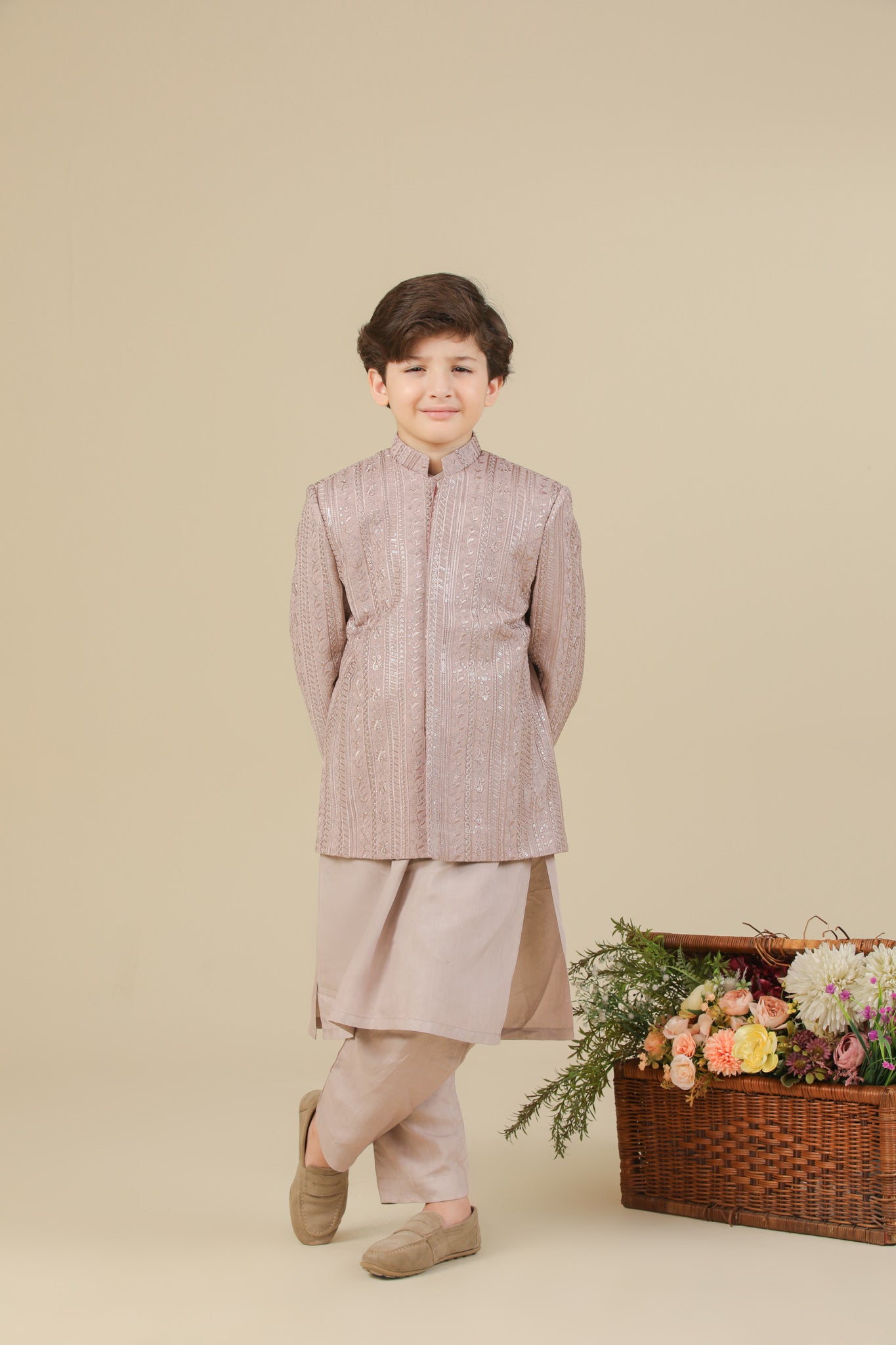 Pink Kurta Trouser with Falling Embroidered Prince Coat - 3PC - Kids - Men