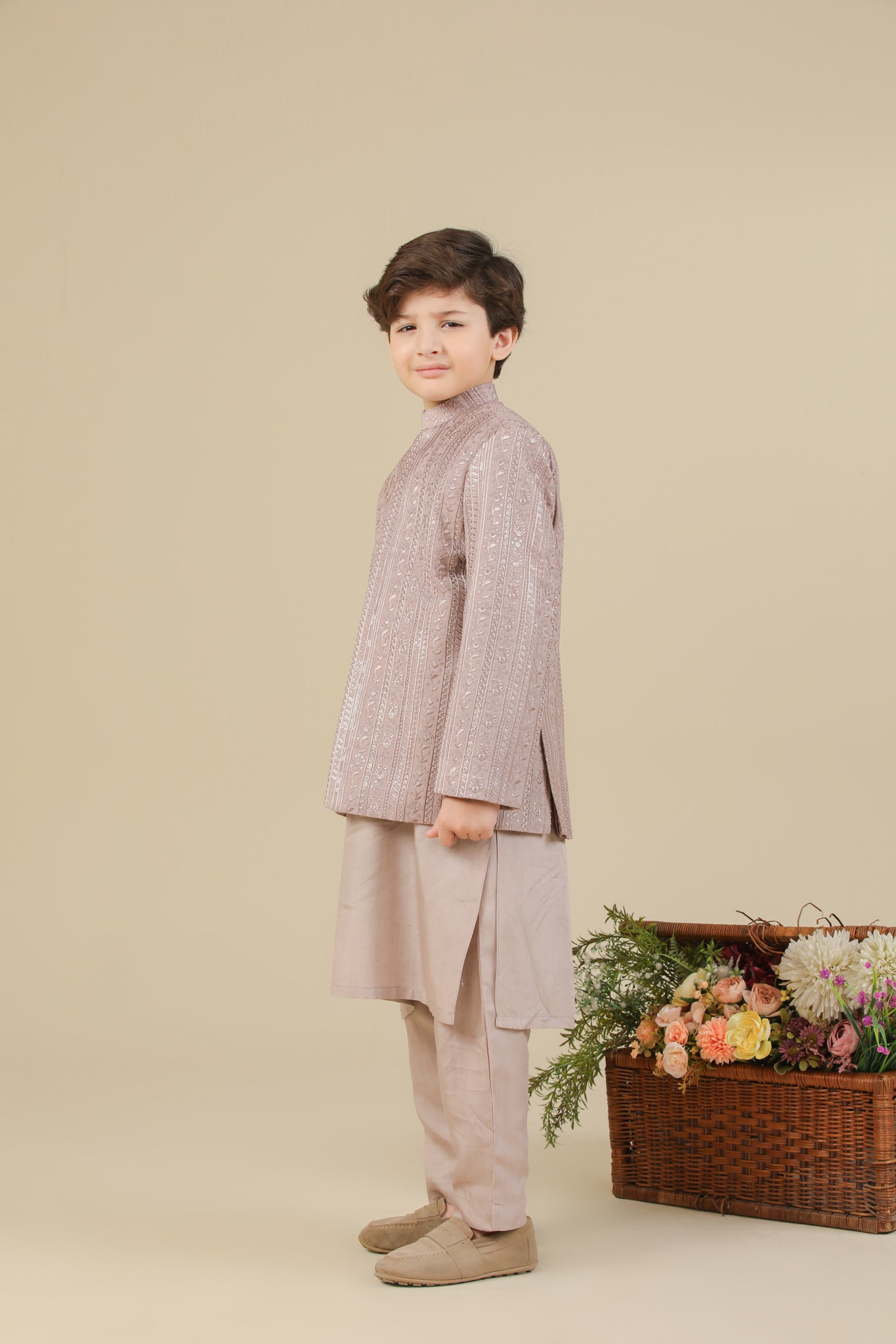 Pink Kurta Trouser with Falling Embroidered Prince Coat - 3PC - Kids - Men
