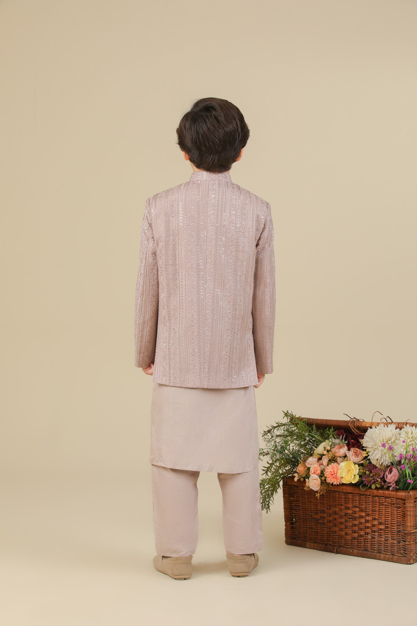 Pink Kurta Trouser with Falling Embroidered Prince Coat - 3PC - Kids - Men