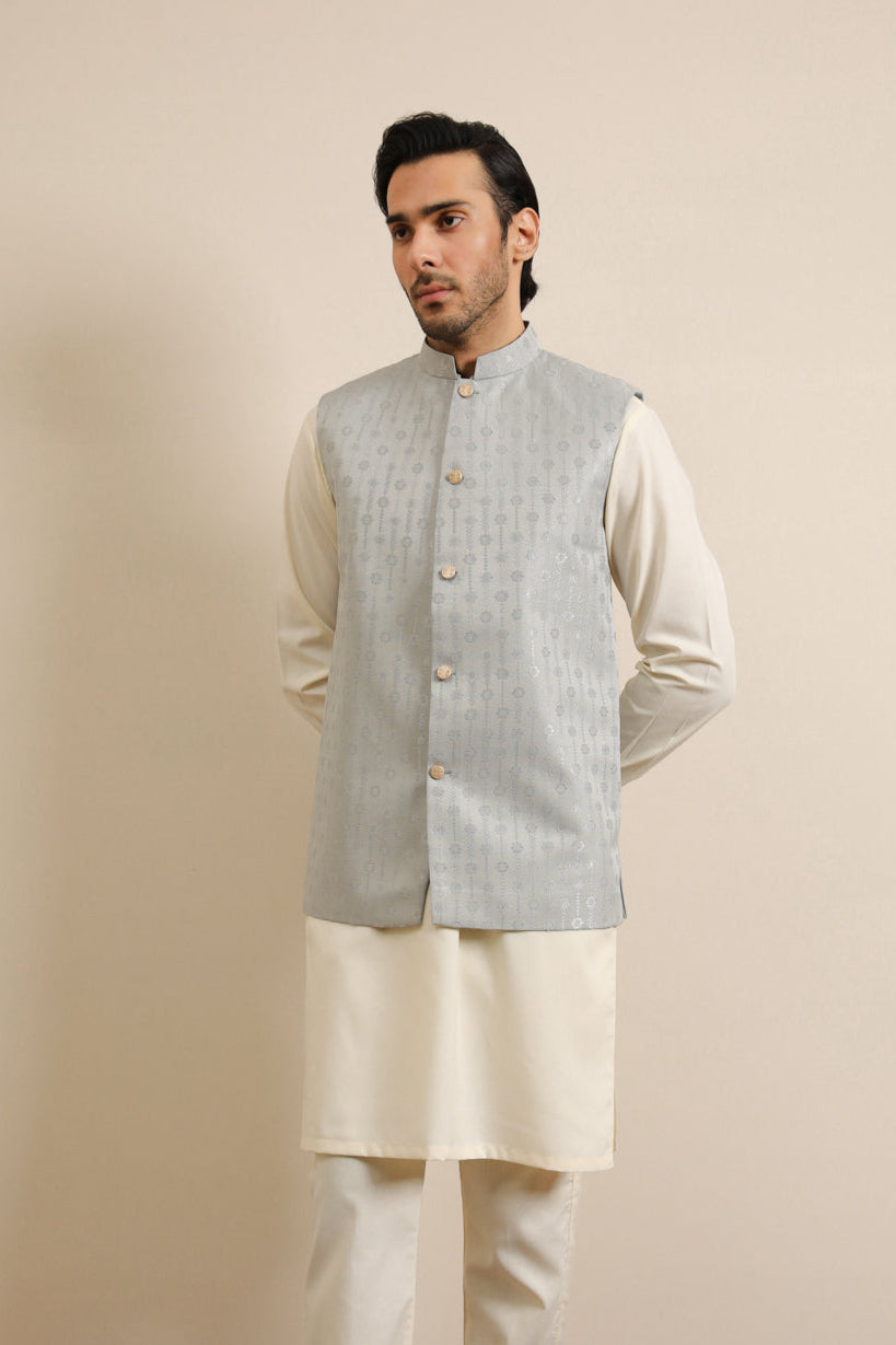 Sky Blue Jamawar Textured Waistcoat - Men