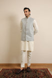 Bosky White Kurta Trouser with Sky Blue Jamawar Waistcoat - 3PC - Men