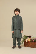 Olive Green Kurta Trouser with Falling Embroidered Waistcoat - 3PC - Kids