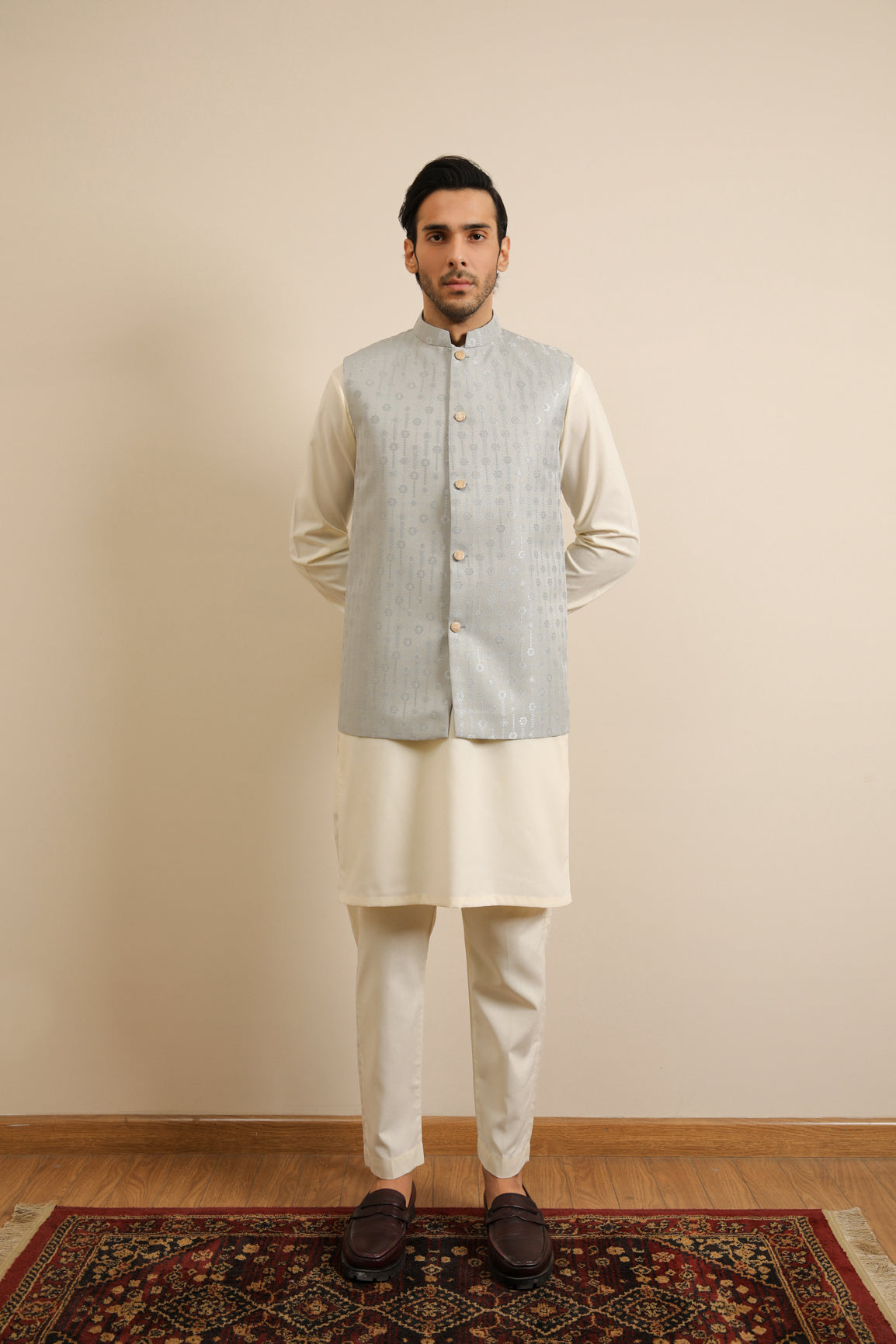 Bosky White Kurta Trouser with Sky Blue Jamawar Waistcoat - 3PC - Men