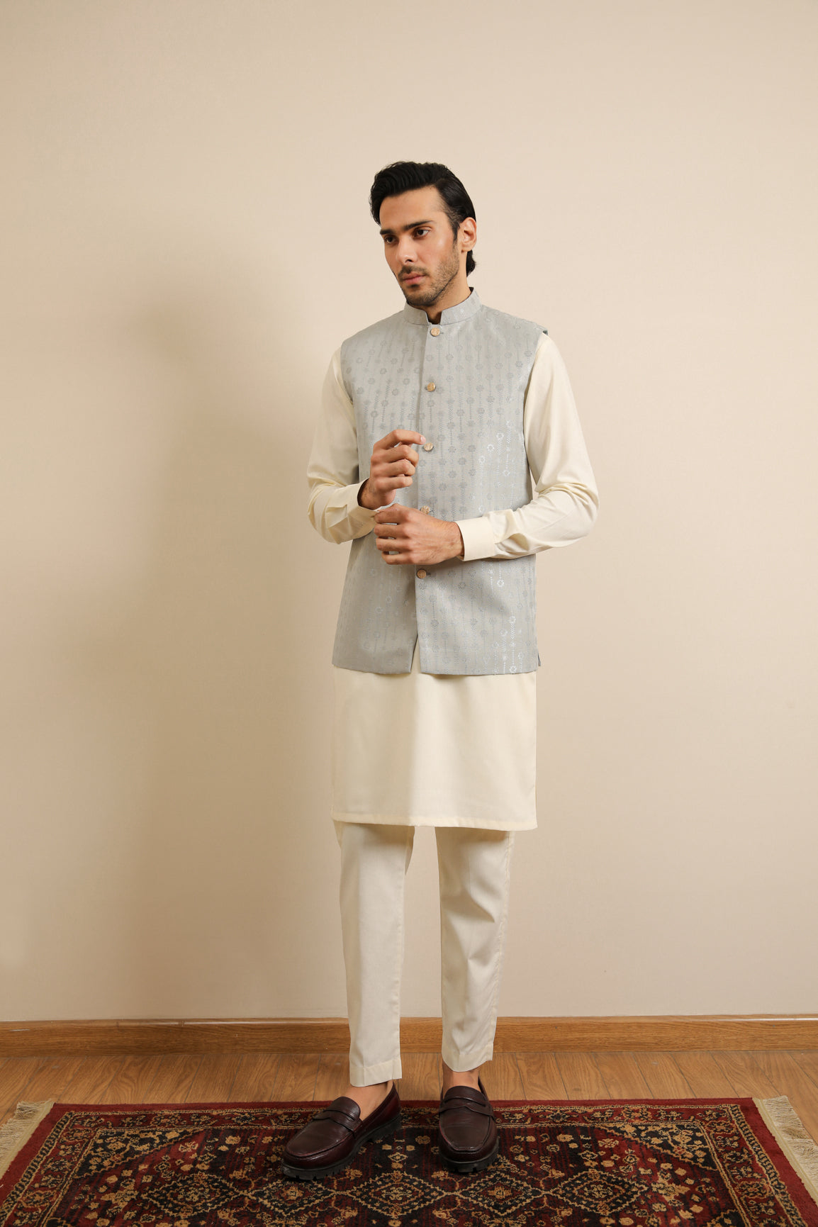 Sky Blue Jamawar Textured Waistcoat - Men