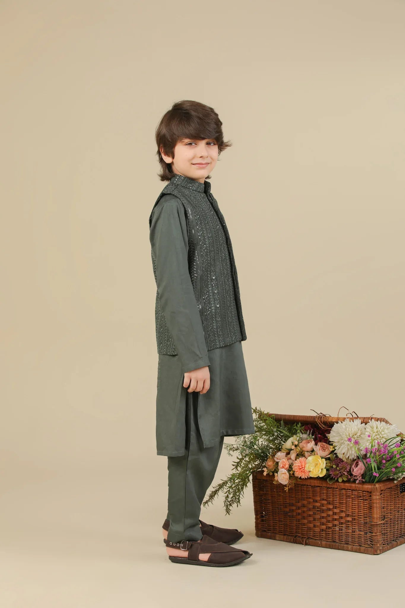 Olive Green Kurta Trouser with Falling Embroidered Waistcoat - 3PC - Kids - Muraqsh -- Kidswear