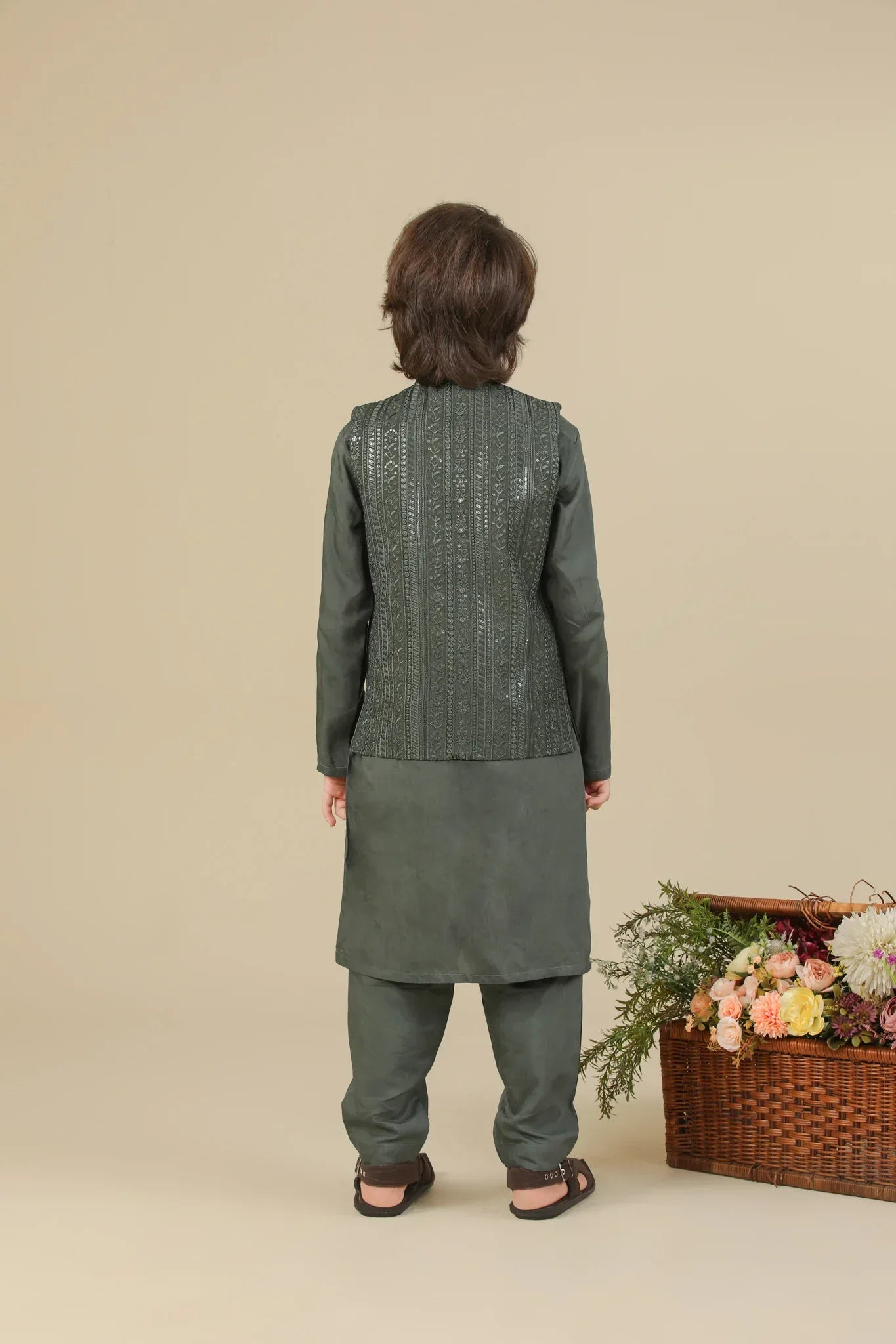 Olive Green Falling Embroidered Waistcoat - Kids - Muraqsh -- Kidswear