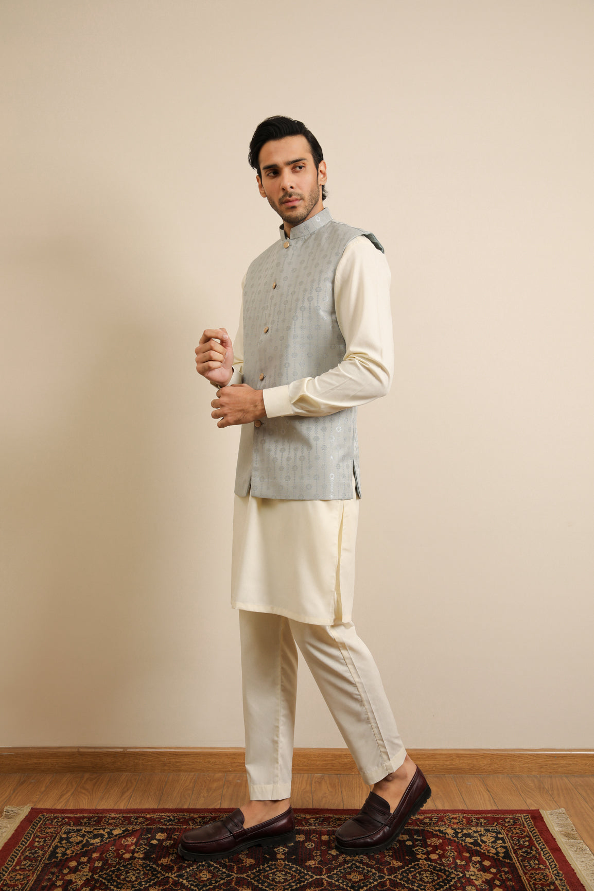 Bosky White Kurta Trouser with Sky Blue Jamawar Waistcoat - 3PC - Men