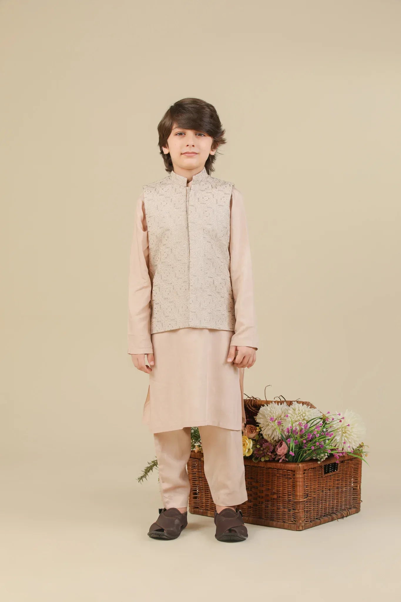 Coffee Beige Square Embroidered Waistcoat - Kids - Muraqsh -- Kidswear