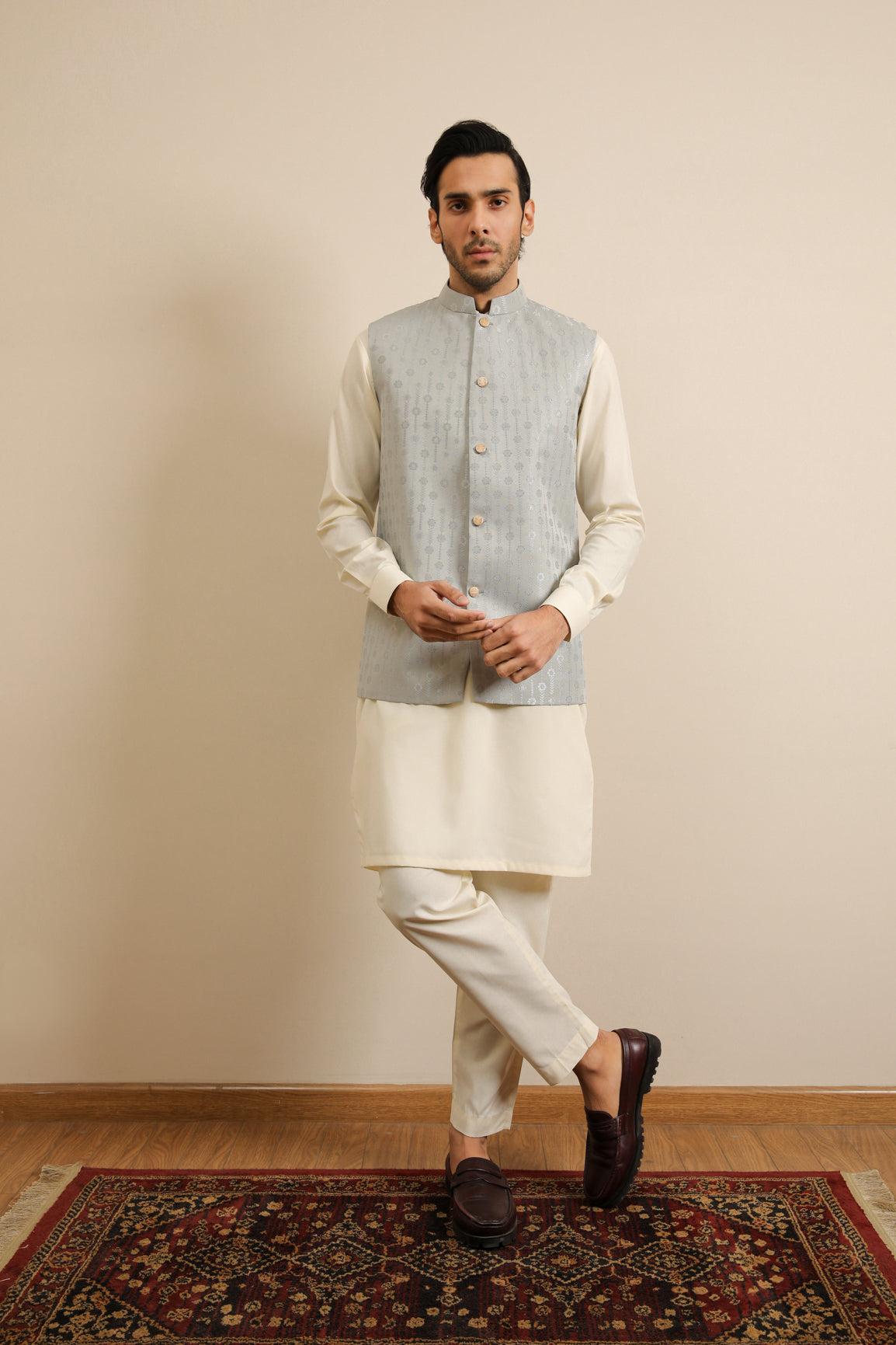 Bosky White Kurta Trouser with Sky Blue Jamawar Waistcoat - 3PC - Men