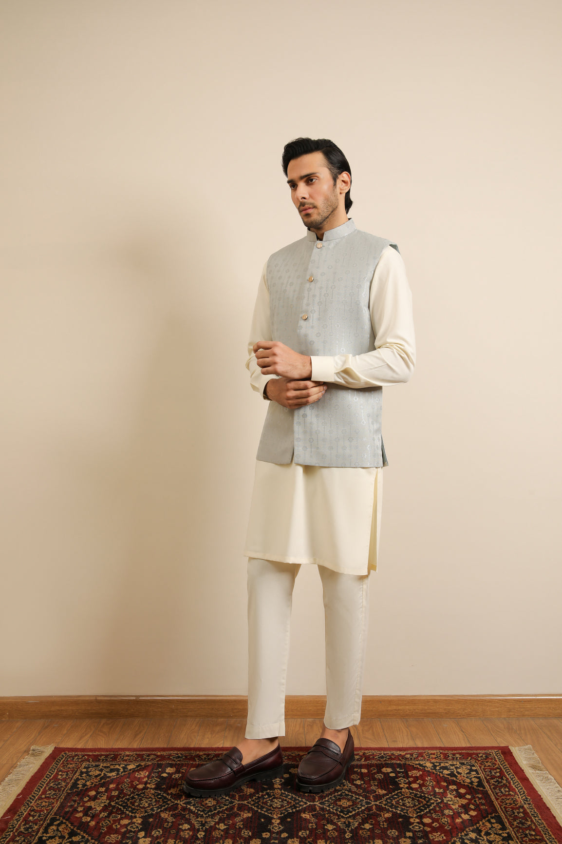 Bosky White Kurta Trouser with Sky Blue Jamawar Waistcoat - 3PC - Men