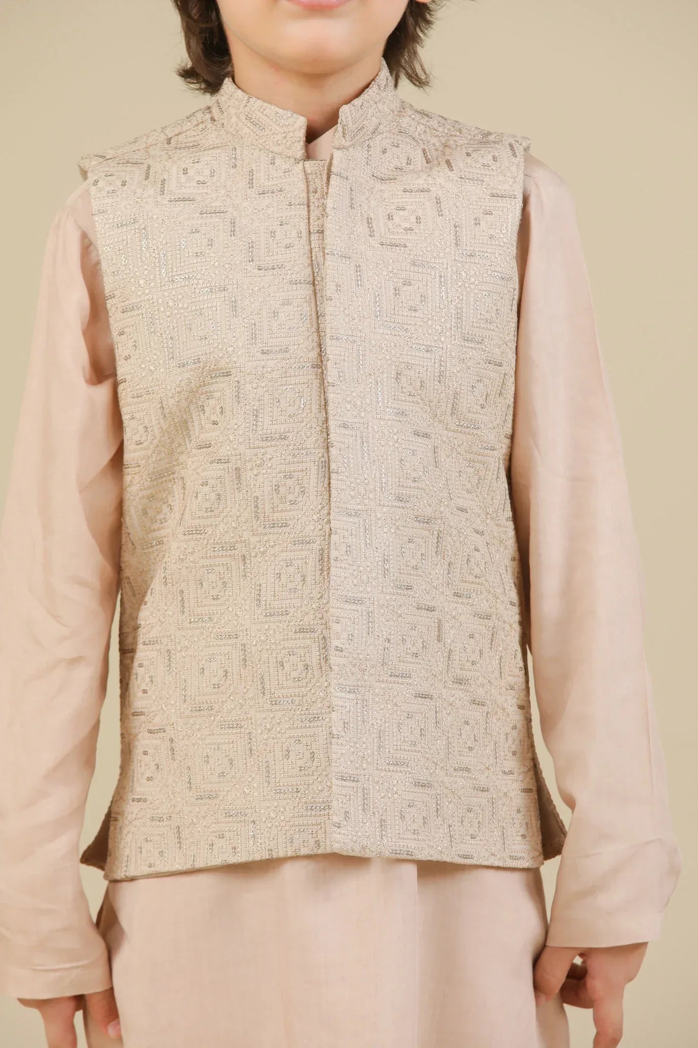 Coffee Beige Square Embroidered Waistcoat - Kids - Muraqsh -- Kidswear