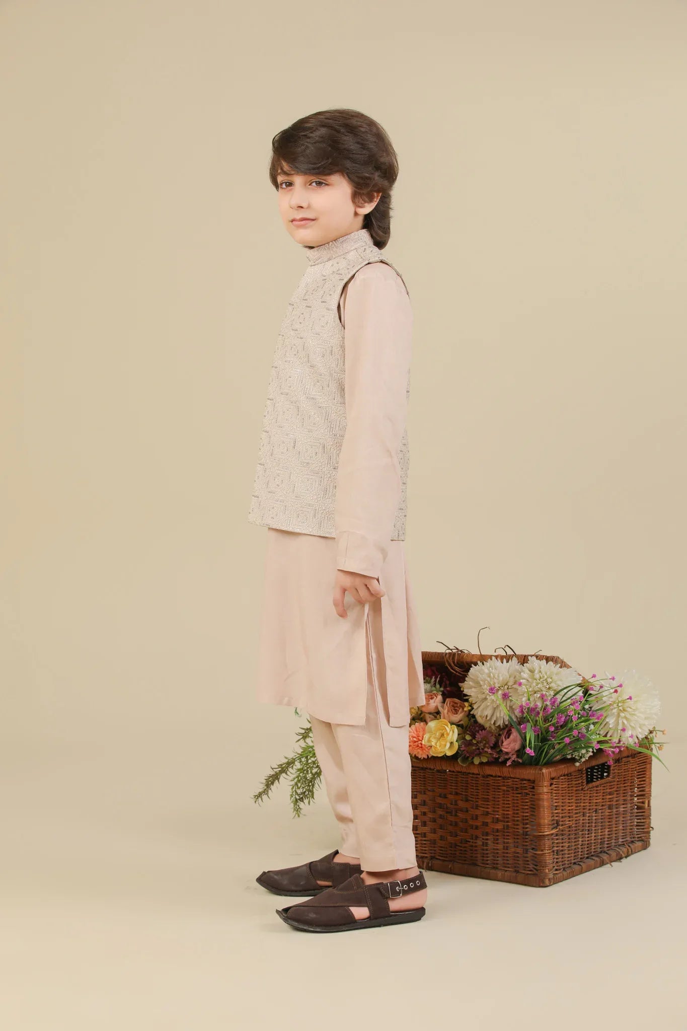 Coffee Beige Kurta Trouser with Square Embroidered Waistcoat - 3PC - Kids - Muraqsh -- Kidswear