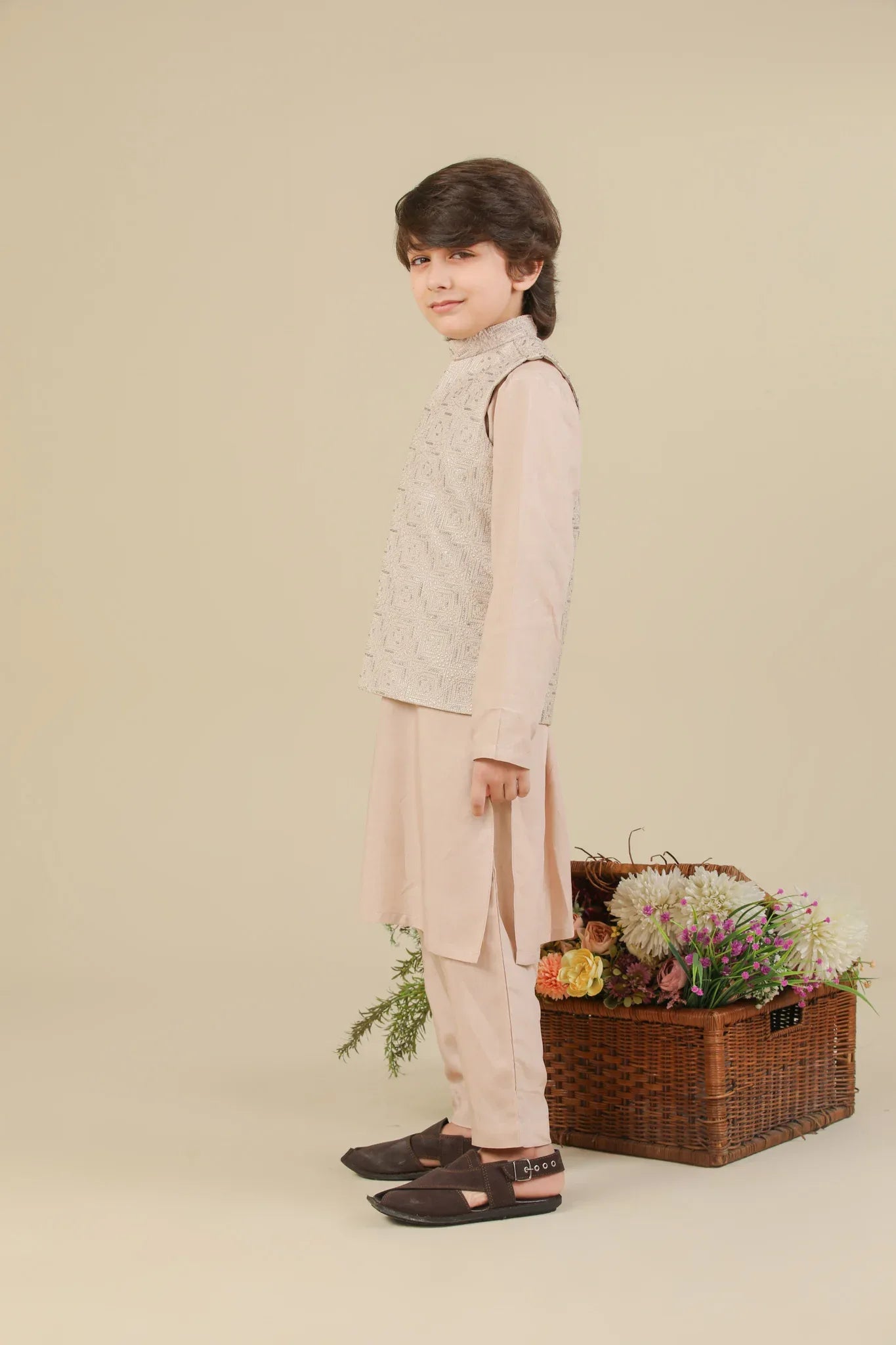 Coffee Beige Kurta Trouser with Square Embroidered Waistcoat - 3PC - Kids - Muraqsh -- Kidswear