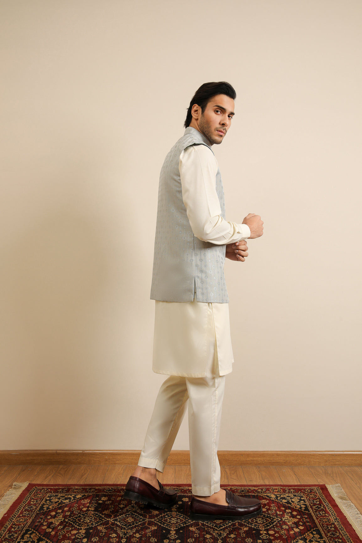 Bosky White Kurta Trouser with Sky Blue Jamawar Waistcoat - 3PC - Men