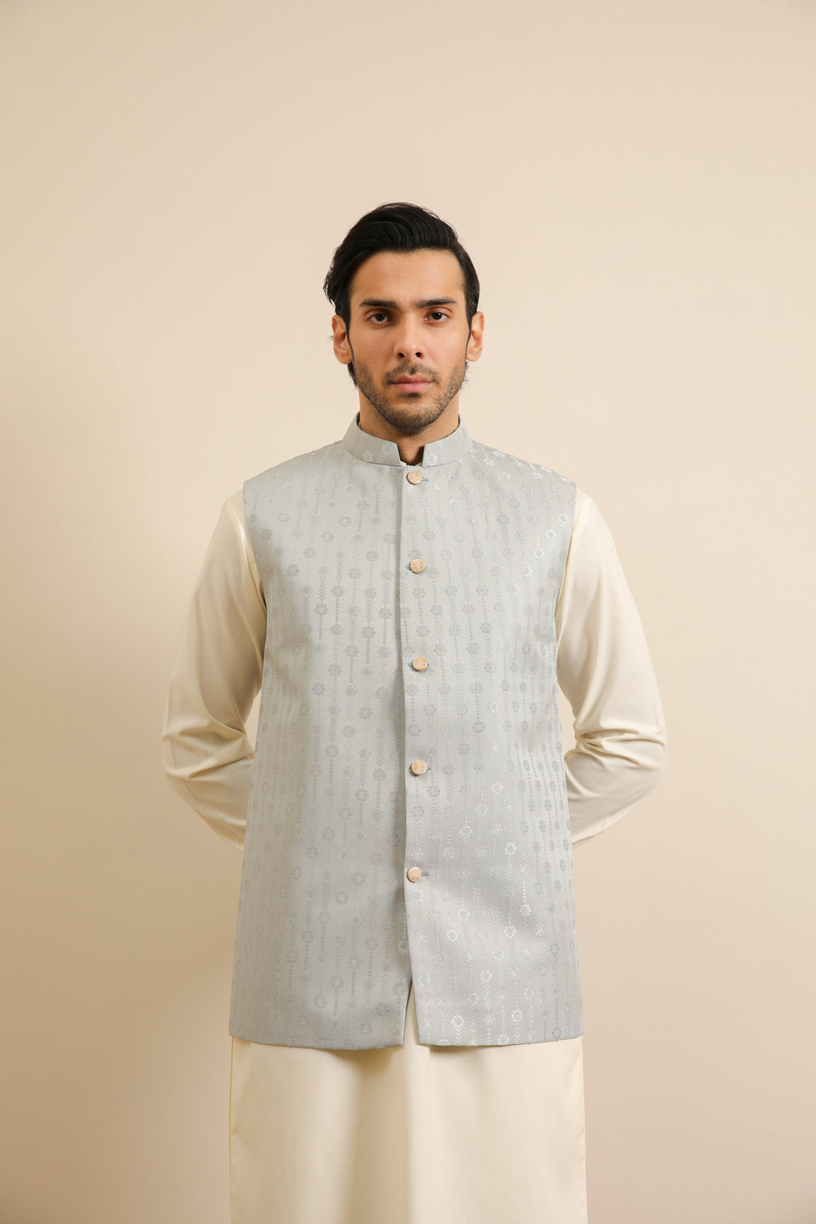 Bosky White Kurta Trouser with Sky Blue Jamawar Waistcoat - 3PC - Men