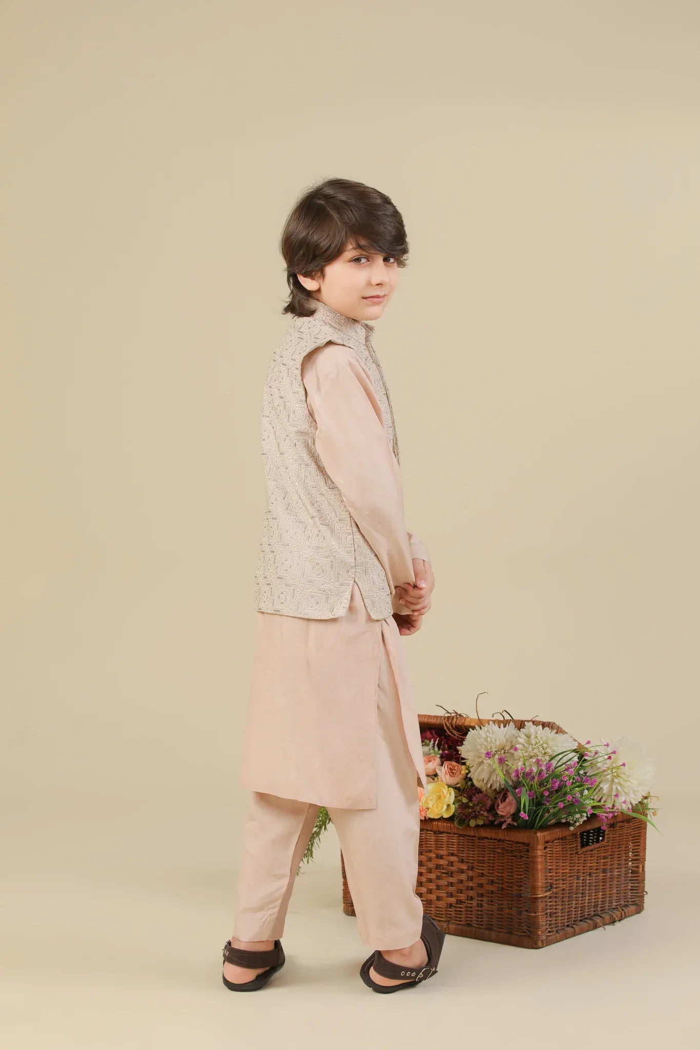 Coffee Beige Kurta Trouser with Square Embroidered Waistcoat - 3PC - Kids - Muraqsh -- Kidswear