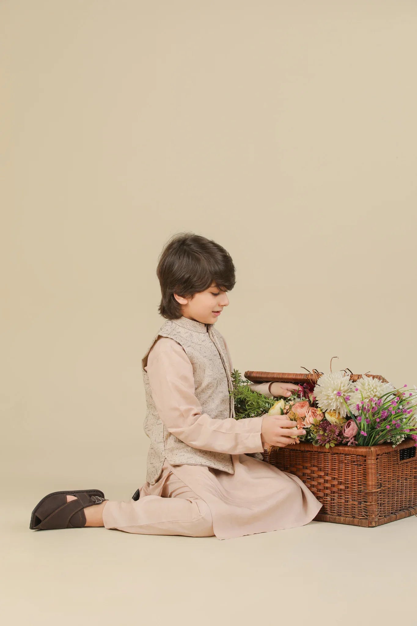 Coffee Beige Kurta Trouser with Square Embroidered Waistcoat - 3PC - Kids - Muraqsh -- Kidswear