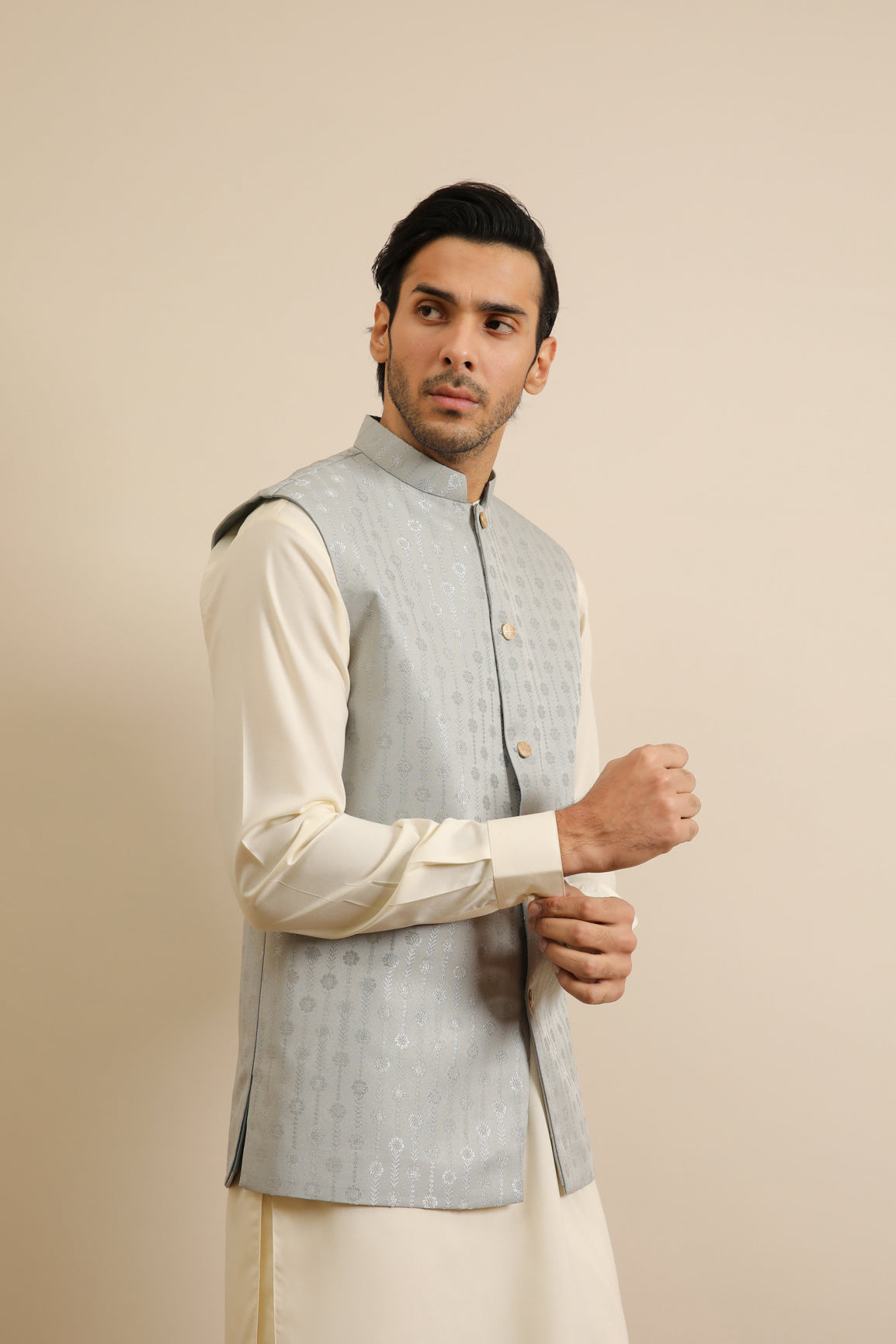 Bosky White Kurta Trouser with Sky Blue Jamawar Waistcoat - 3PC - Men