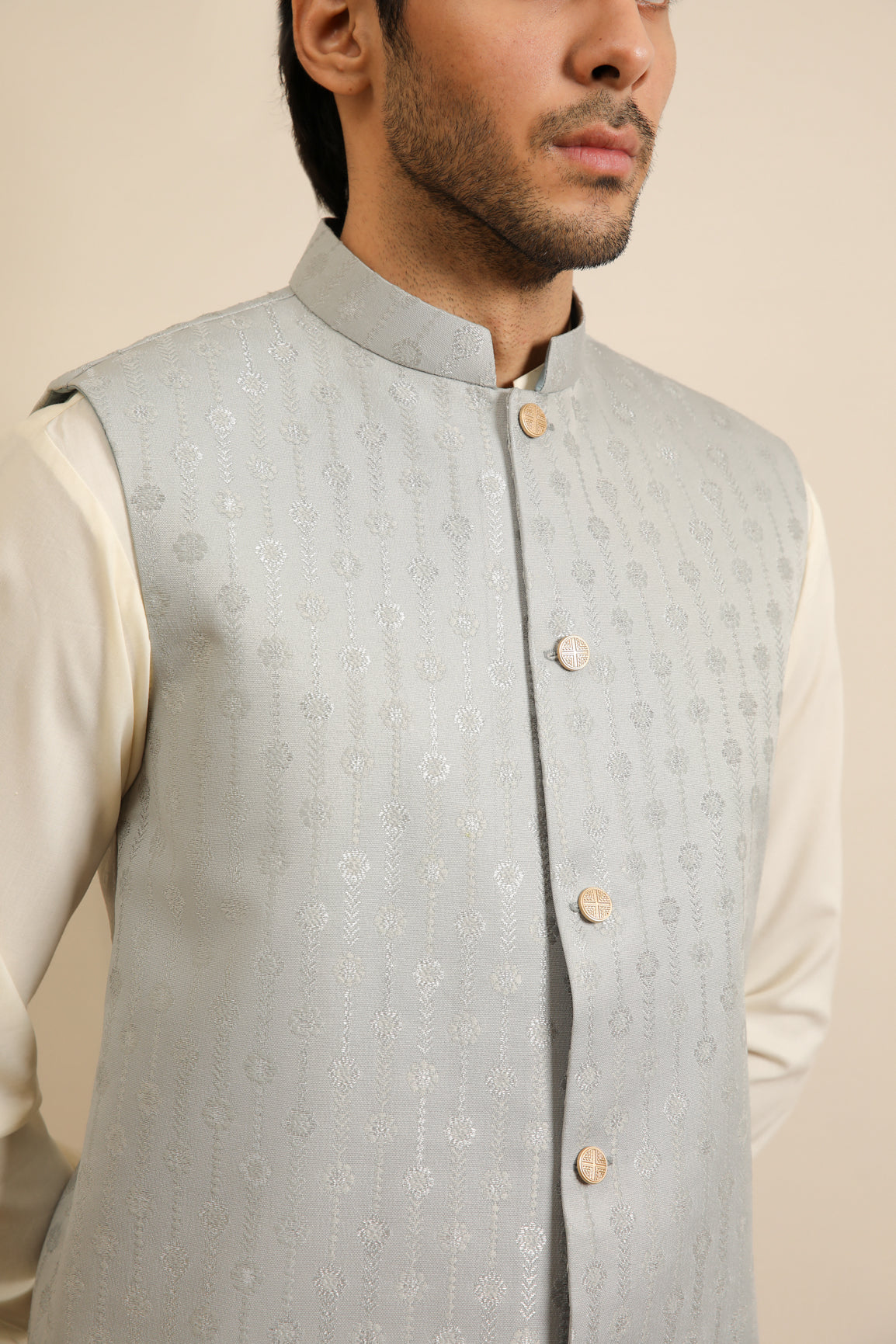 Bosky White Kurta Trouser with Sky Blue Jamawar Waistcoat - 3PC - Men