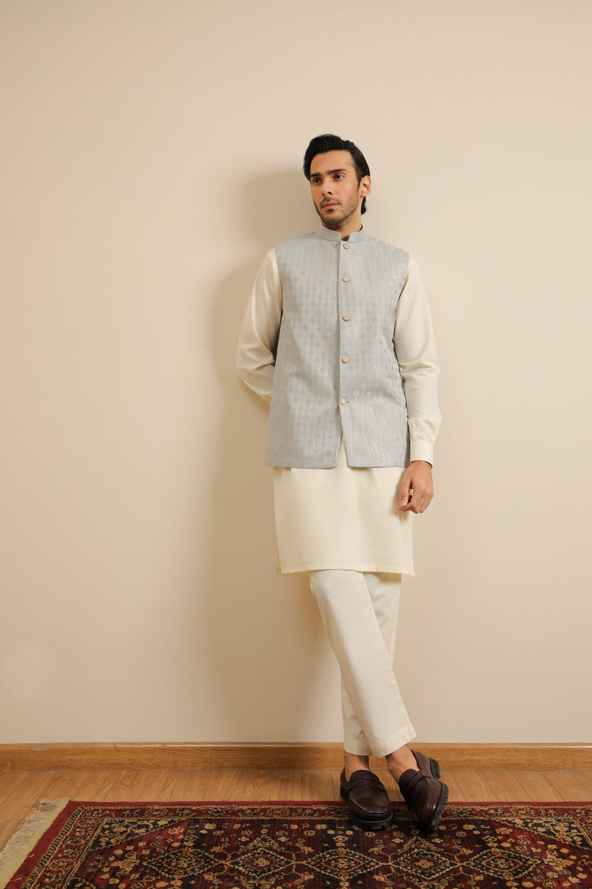 Bosky White Kurta Trouser with Sky Blue Jamawar Waistcoat - 3PC - Men