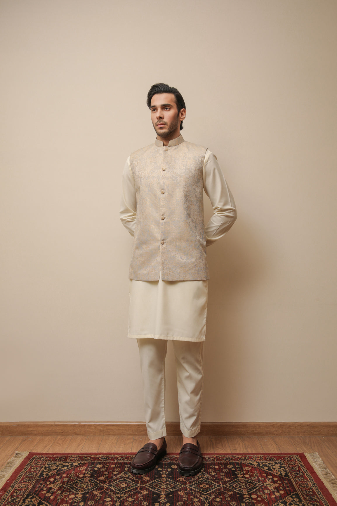 Bosky White Kurta Trouser with Blue Gold Jamawar Waistcoat - 3PC - Men