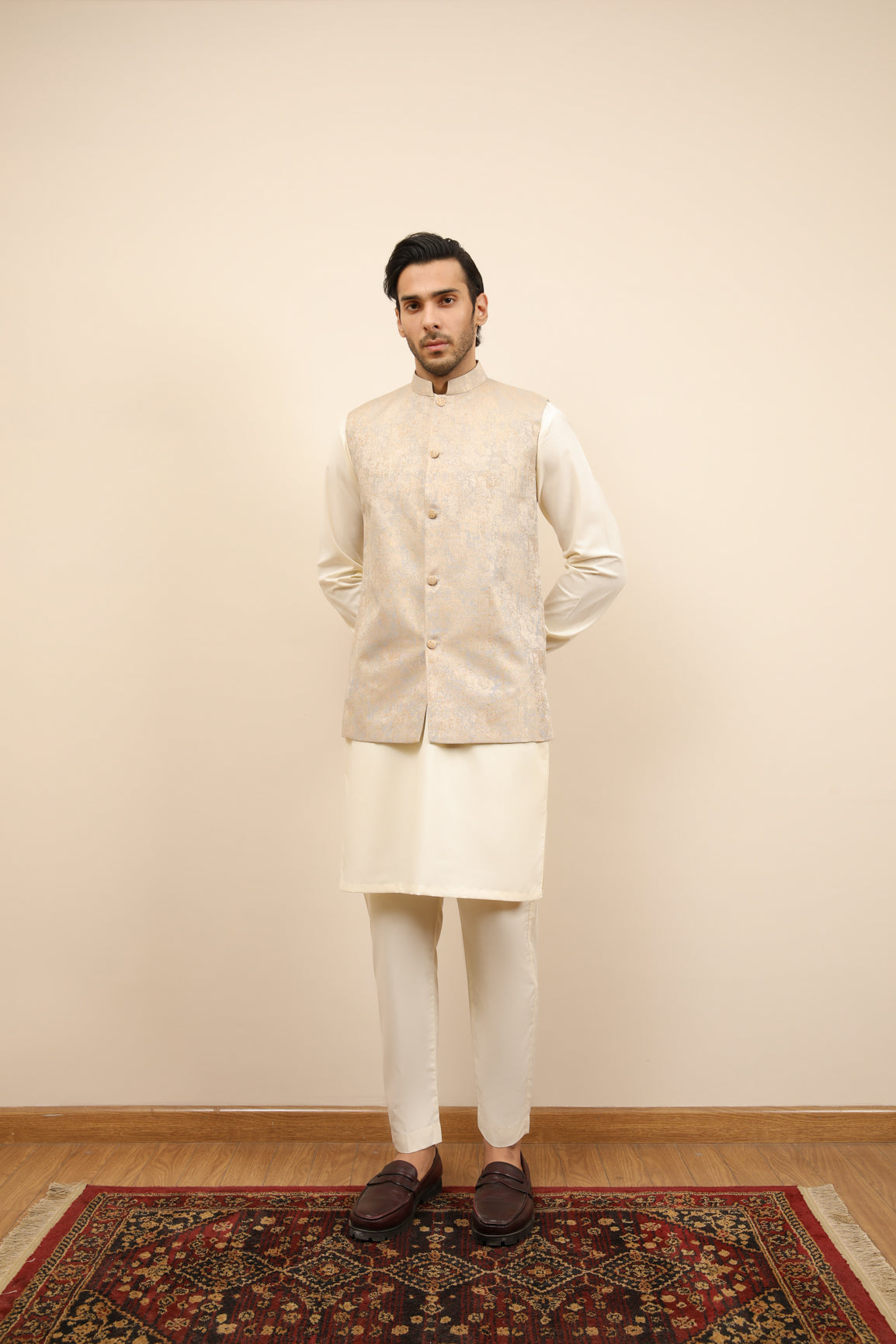 Bosky White Kurta Trouser with Blue Gold Jamawar Waistcoat - 3PC - Men