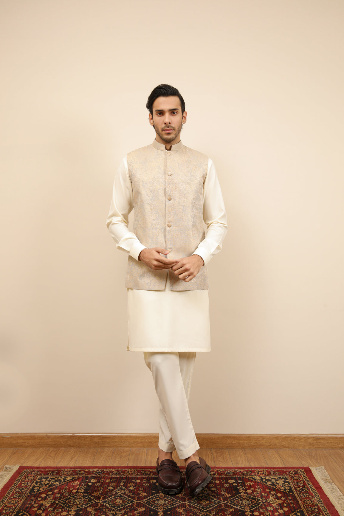 Bosky White Kurta Trouser with Blue Gold Jamawar Waistcoat - 3PC - Men