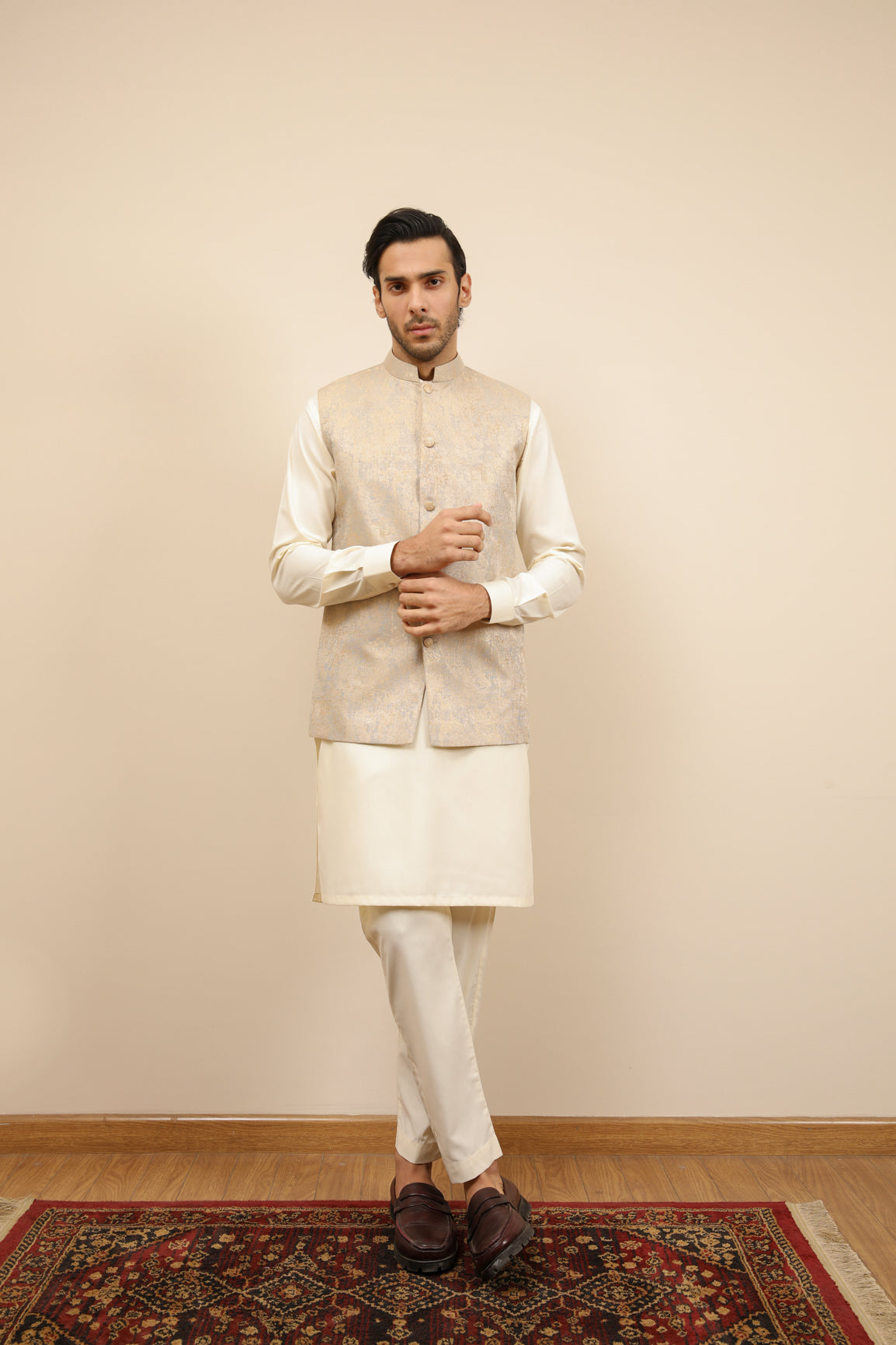 Bosky White Kurta Trouser with Blue Gold Jamawar Waistcoat - 3PC - Men