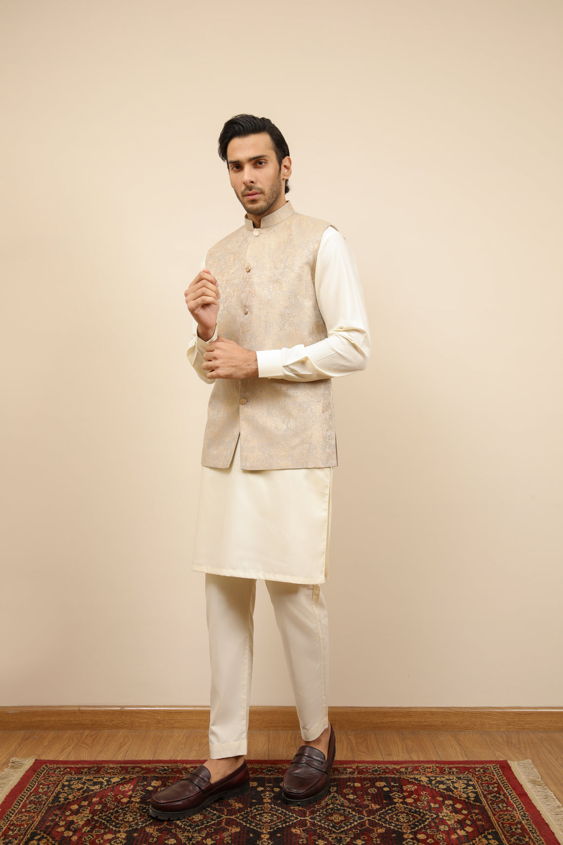 Bosky White Kurta Trouser with Blue Gold Jamawar Waistcoat - 3PC - Men