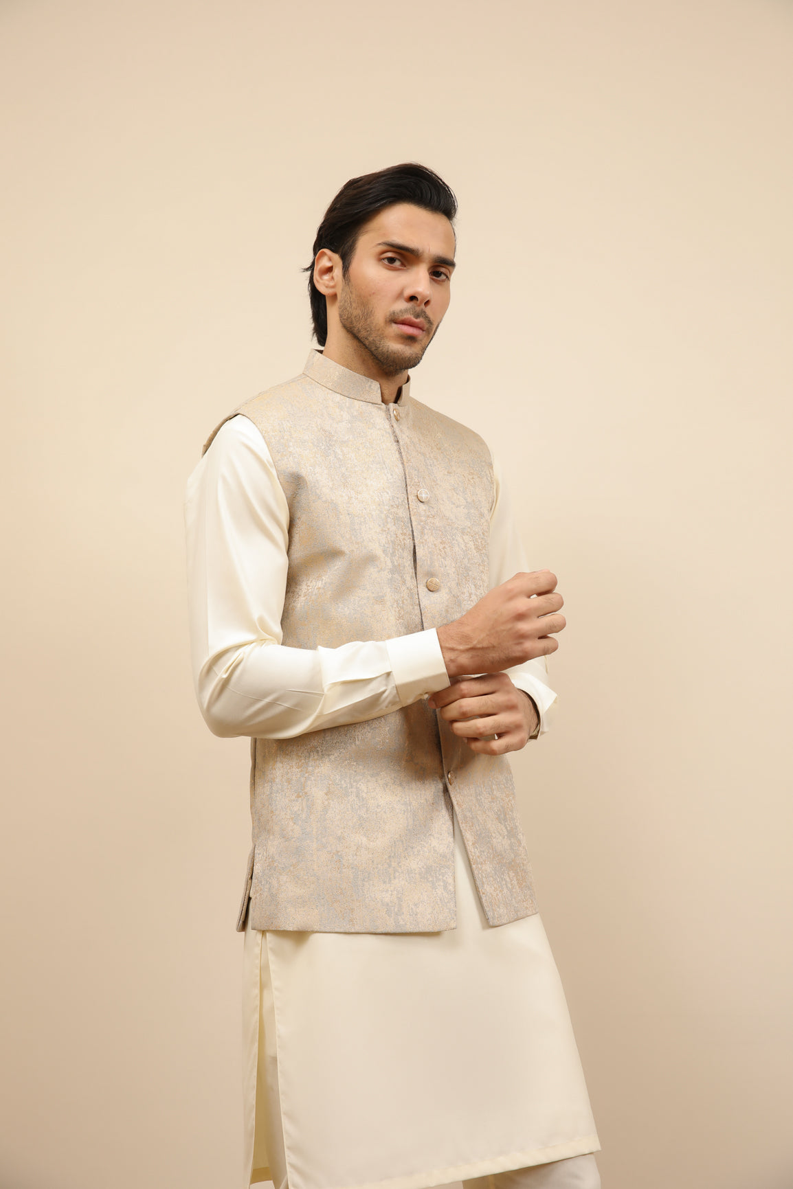 Bosky White Kurta Trouser with Blue Gold Jamawar Waistcoat - 3PC - Men