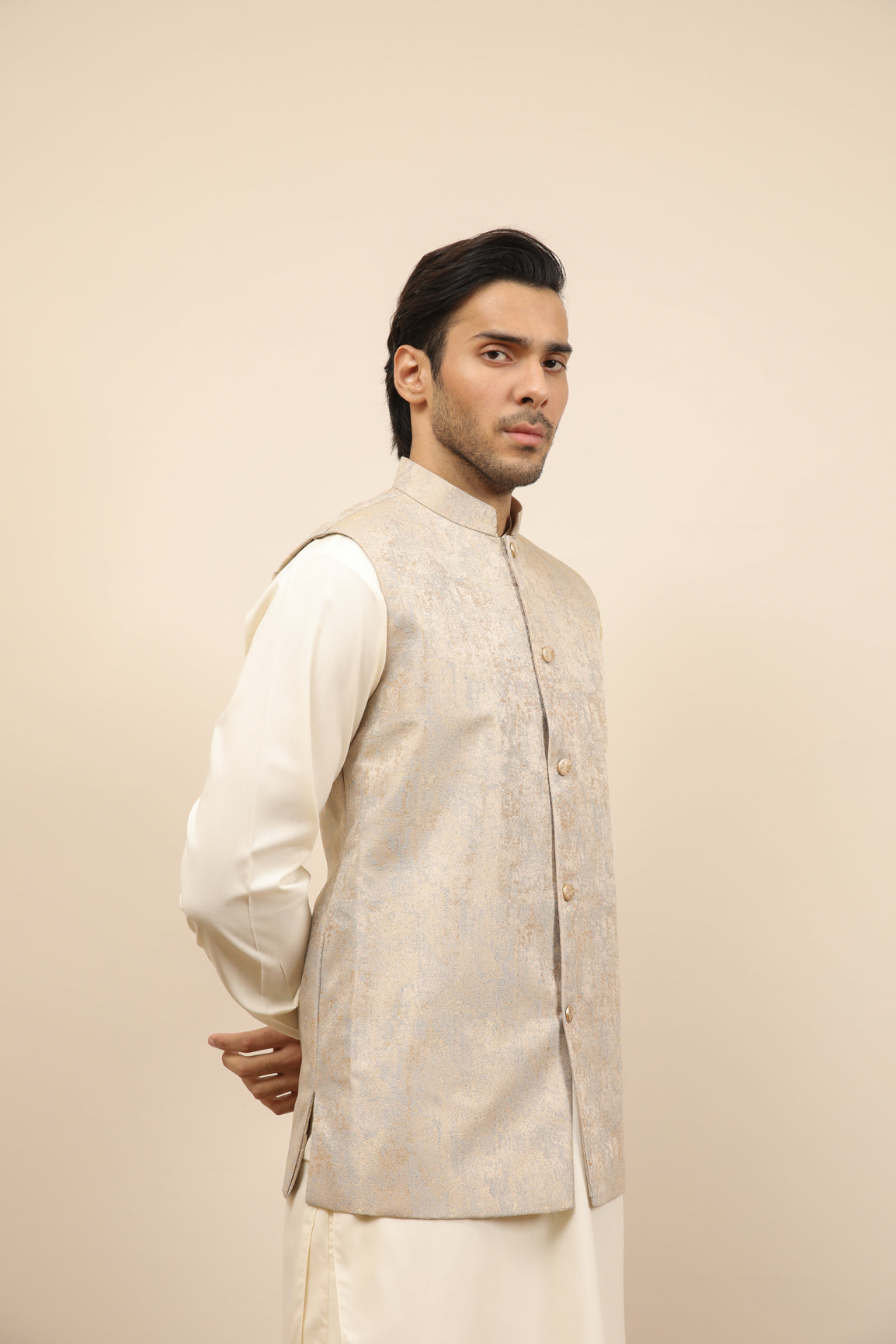 Blue Gold Textured Jamawar Waistcoat - Men