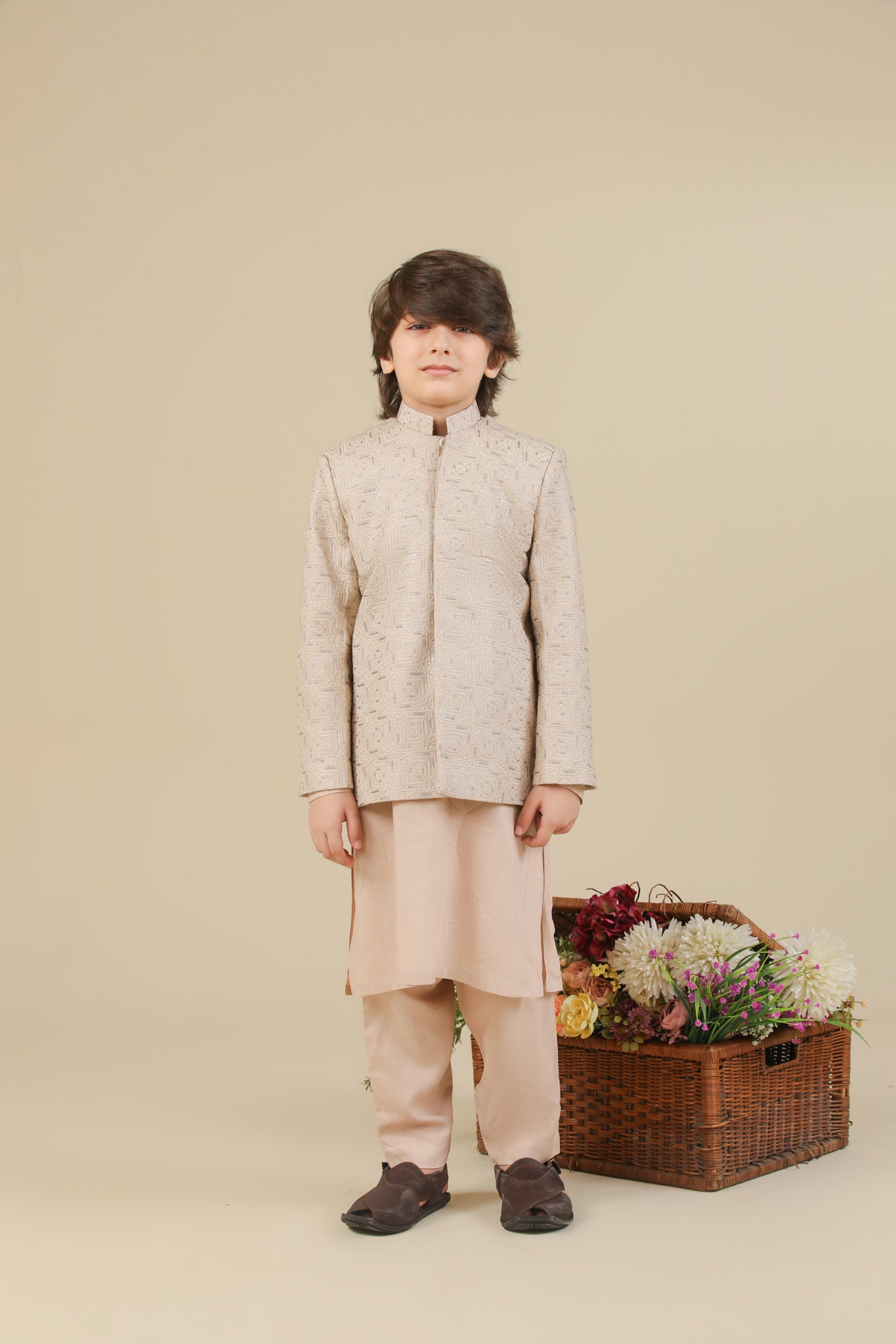 Coffee Beige Square Embroidered Prince Coat - Kids - Men