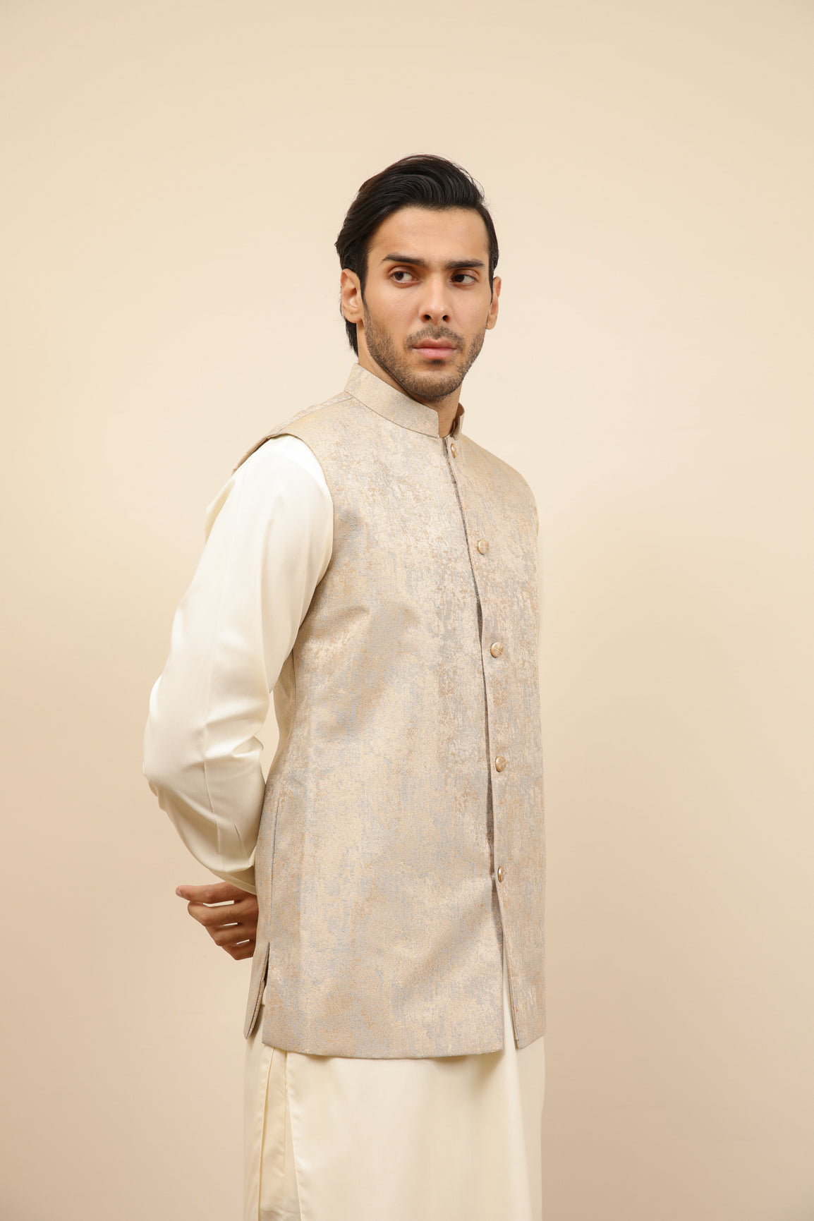 Blue Gold Textured Jamawar Waistcoat - Men